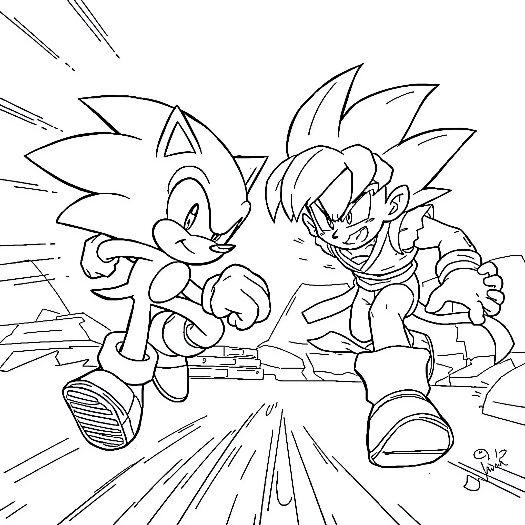 Sonic in an intense battle with a powerful opponent Coloring Page (free black-and-white line drawing printable PDF for all, from beginners to advanced learners, including children, teens, adults, and seniors)
