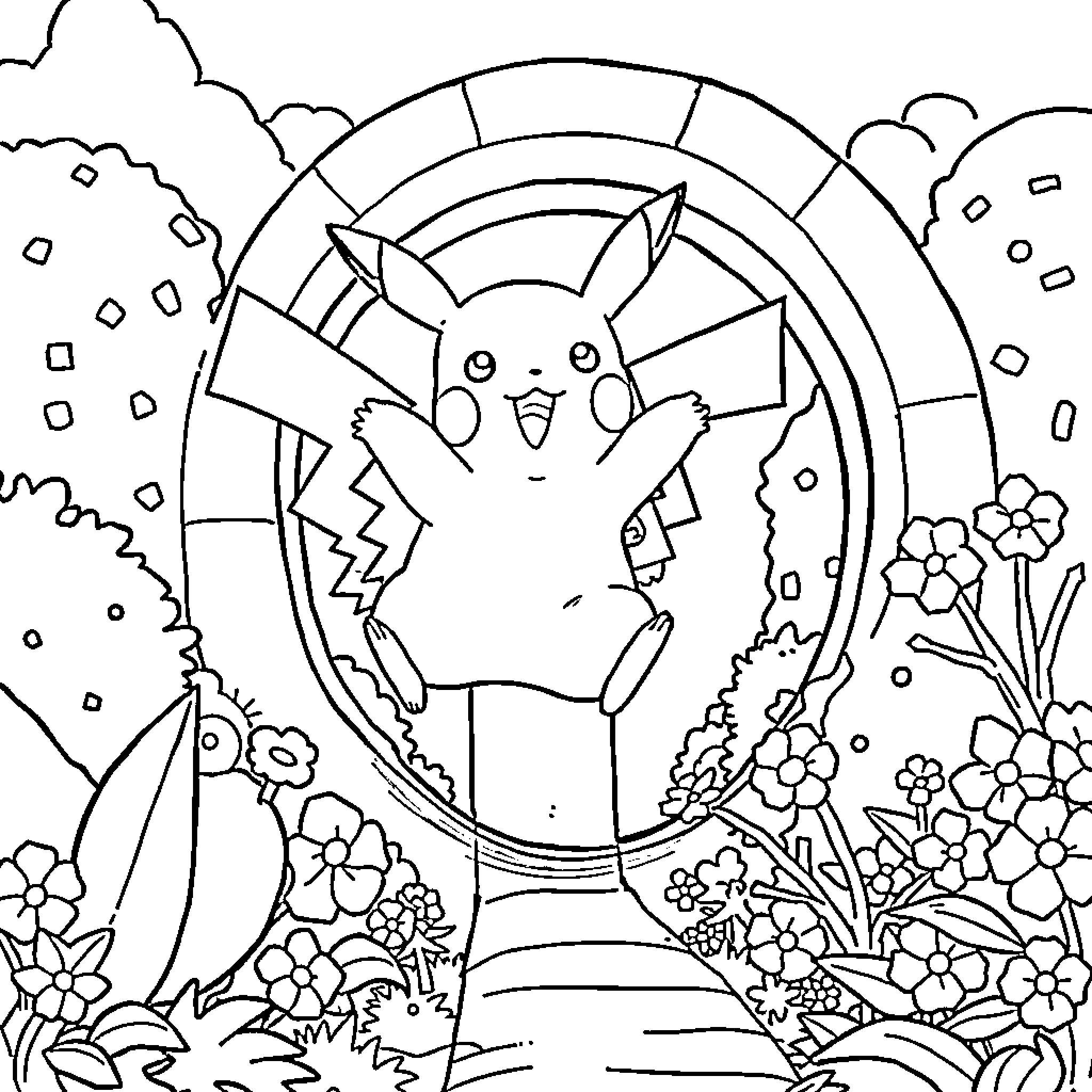 Pikachu playing in a magical nature scene Coloring Page (free black-and-white line drawing printable PDF for all, from beginners to advanced learners, including children, teens, adults, and seniors)