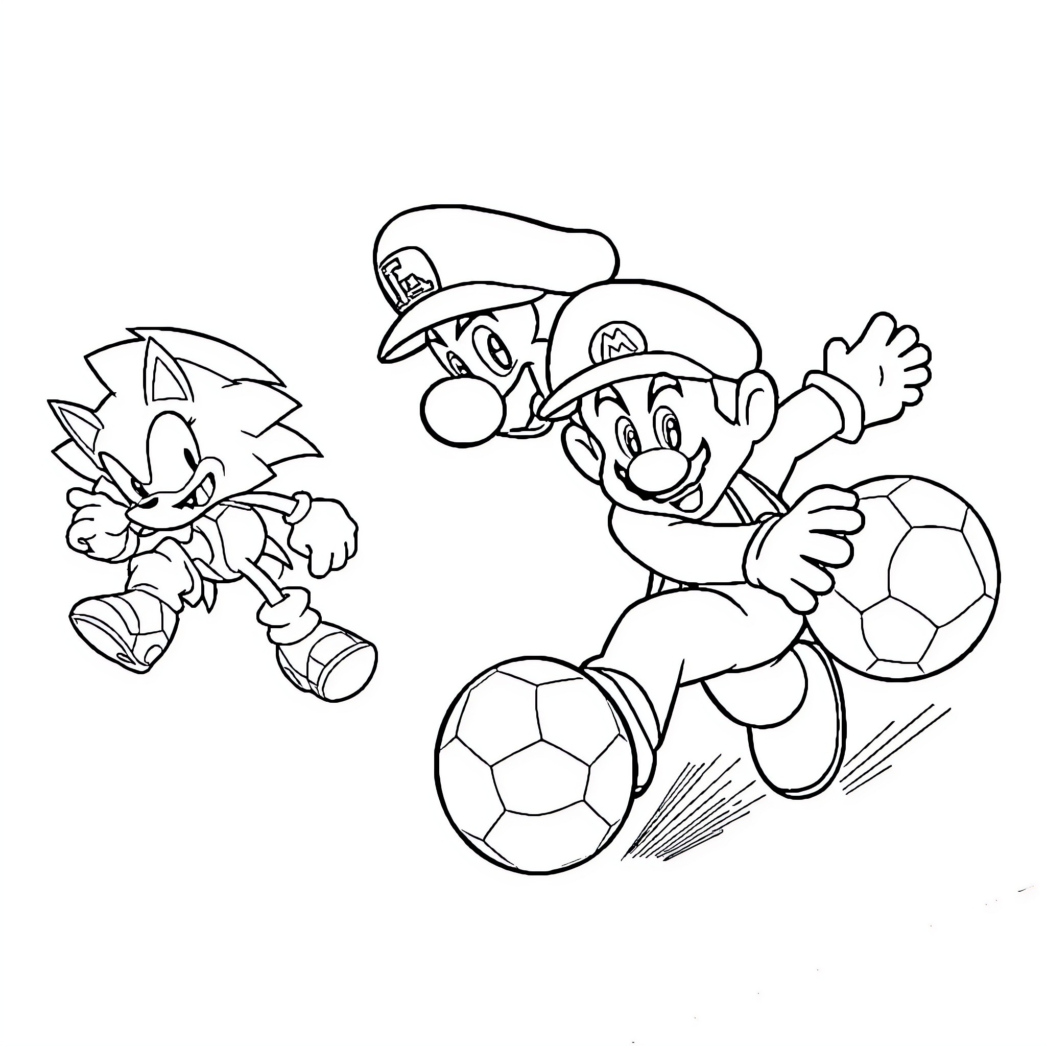 Mario and Sonic playing soccer enthusiastically Coloring Page (free black-and-white line drawing printable PDF for all, from beginners to advanced learners, including children, teens, adults, and seniors)