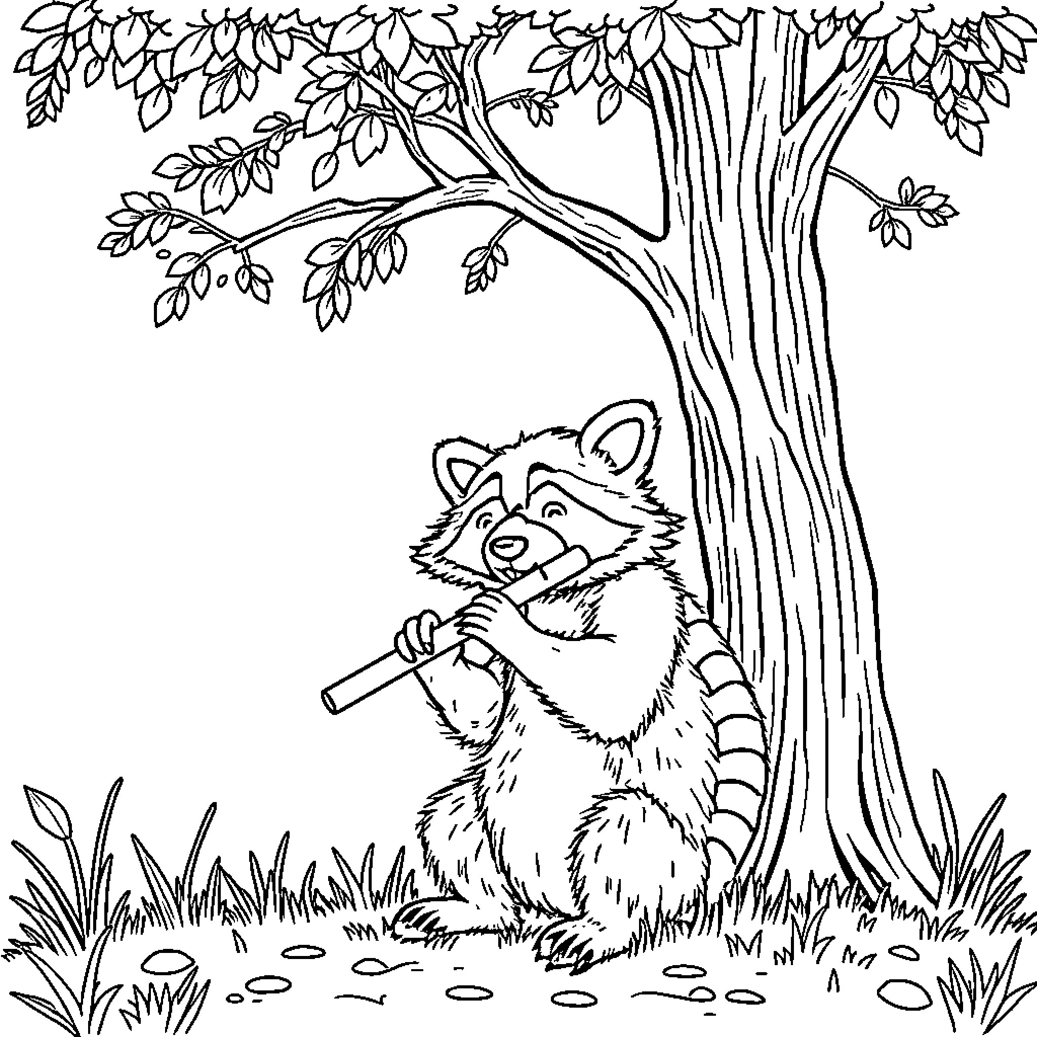 Raccoon playing with a stick under a tree Coloring Page (free black-and-white line drawing printable PDF for all, from beginners to advanced learners, including children, teens, adults, and seniors)