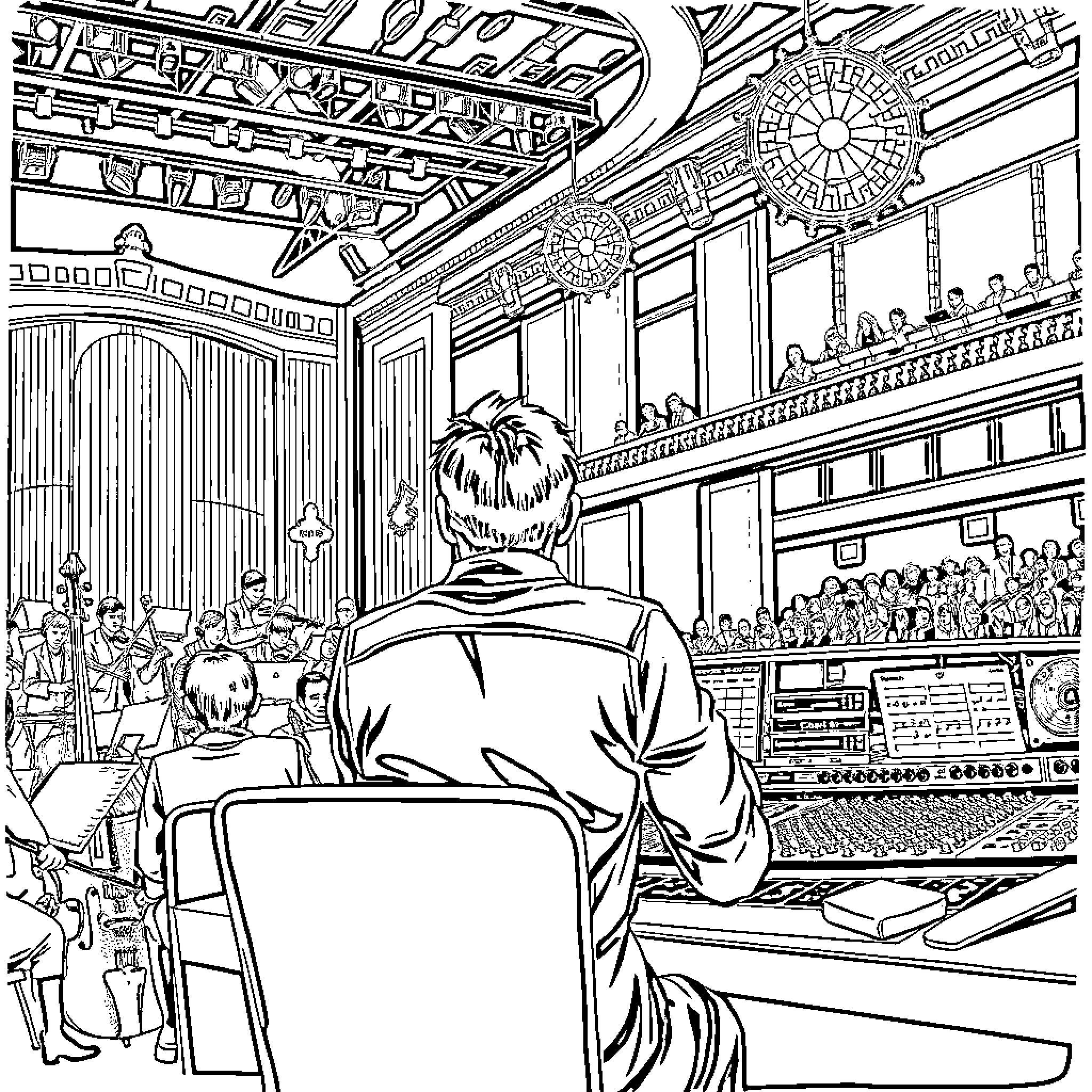 FOH Engineer Controlling the Stage in a Packed Auditorium Coloring Page (free black-and-white line drawing printable PDF for all, from beginners to advanced learners, including children, teens, adults, and seniors)