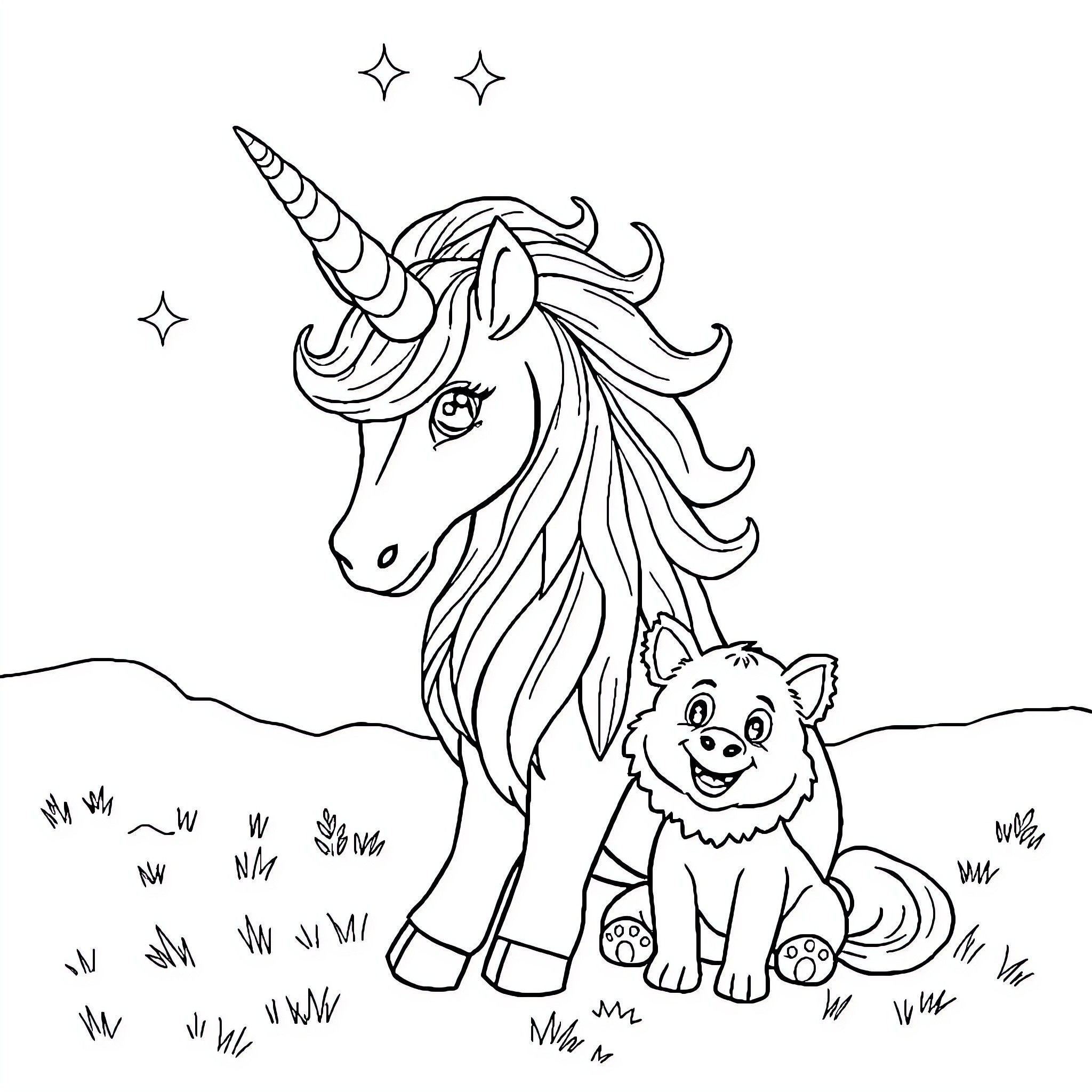 Unicorn standing proudly with a playful puppy Coloring Page (free black-and-white line drawing printable PDF for all, from beginners to advanced learners, including children, teens, adults, and seniors)