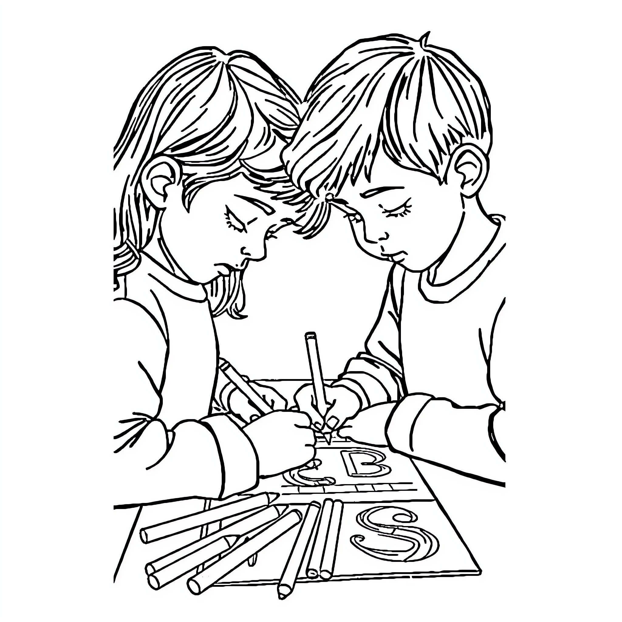 ABC Siblings Coloring Together Coloring Page (free black-and-white line drawing printable PDF for all, from beginners to advanced learners, including children, teens, adults, and seniors)