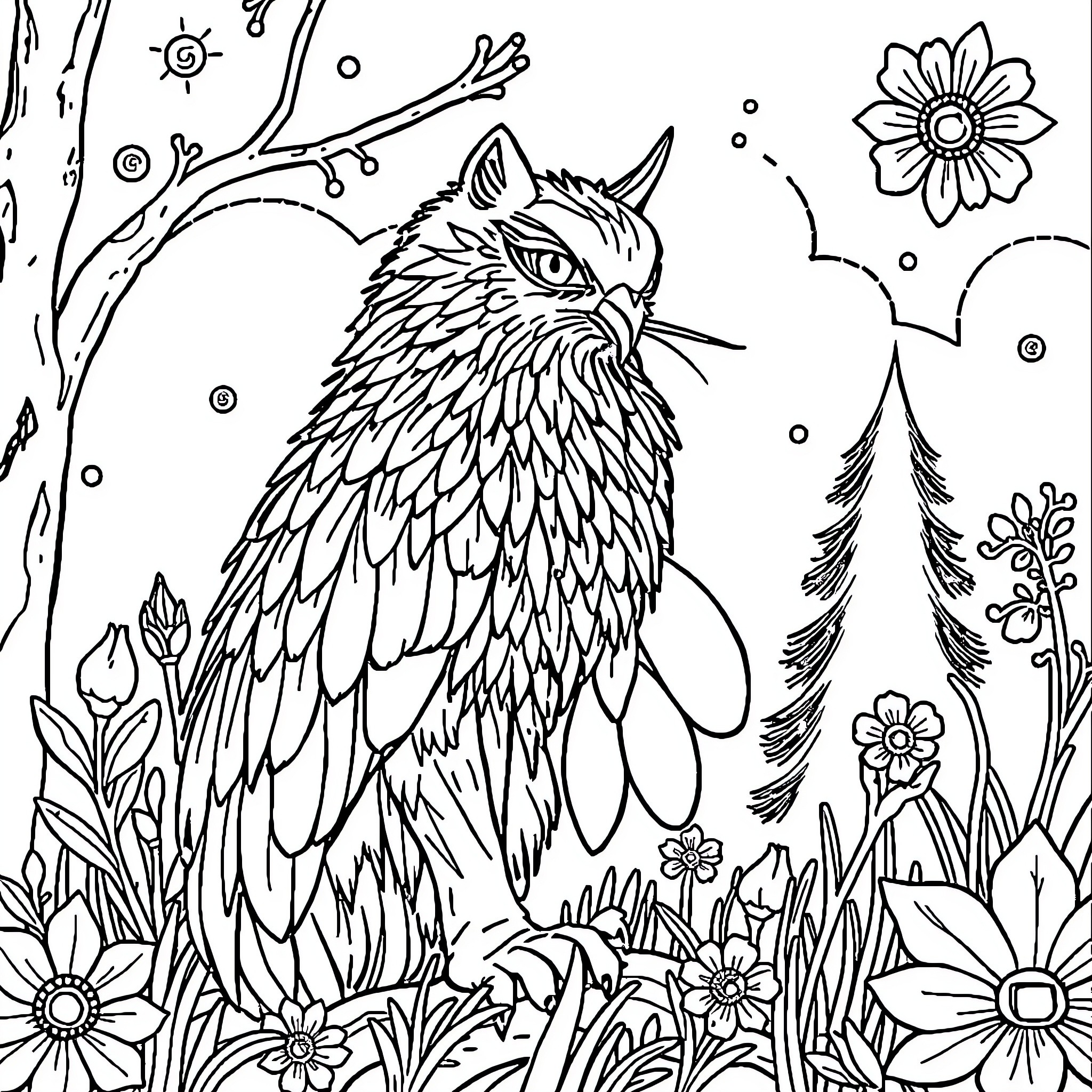 Butterfly in a Magical Forest Scene Coloring Page (free black-and-white line drawing printable PDF for all, from beginners to advanced learners, including children, teens, adults, and seniors)