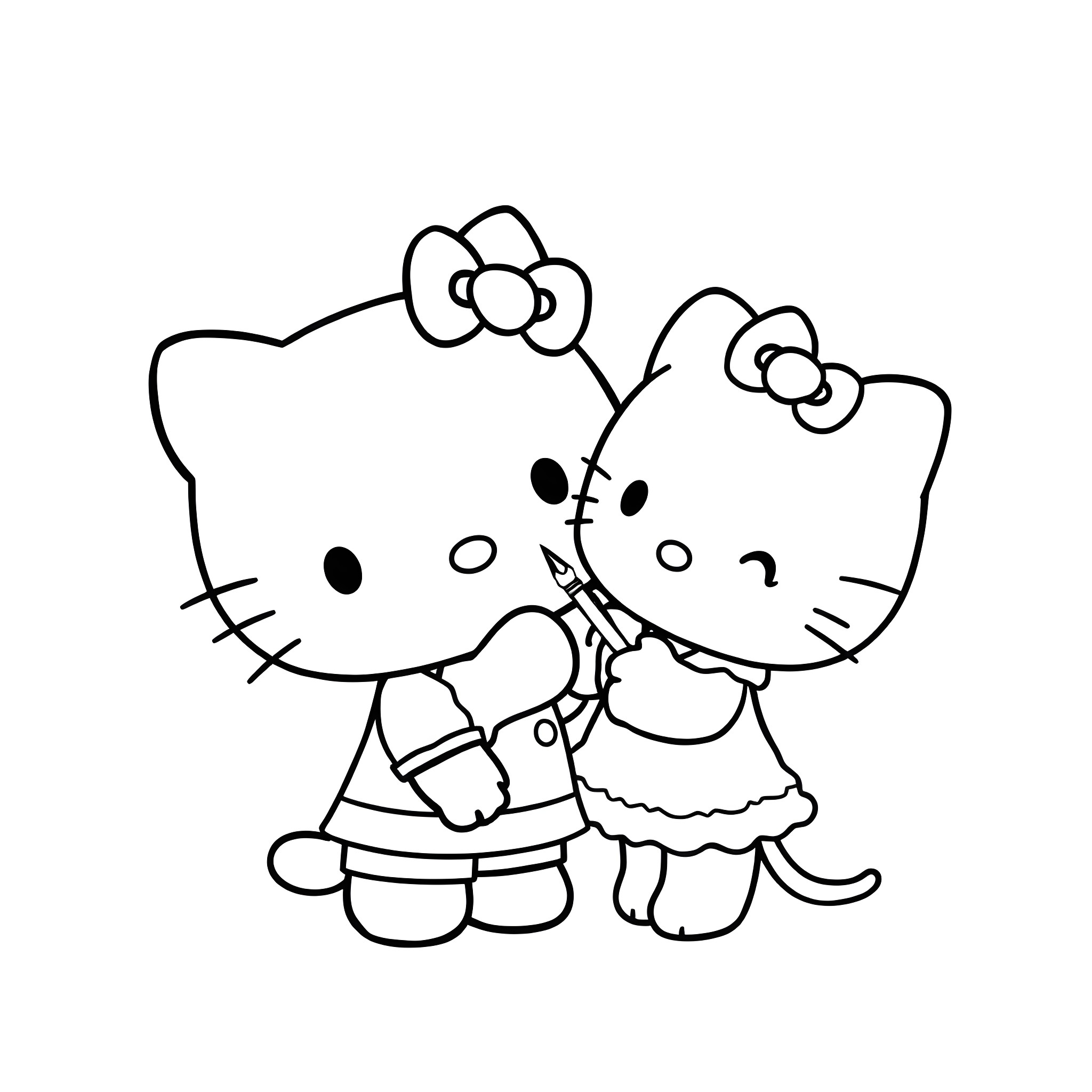 Hello Kitty sisters playing together Coloring Page (free black-and-white line drawing printable PDF for all, from beginners to advanced learners, including children, teens, adults, and seniors)