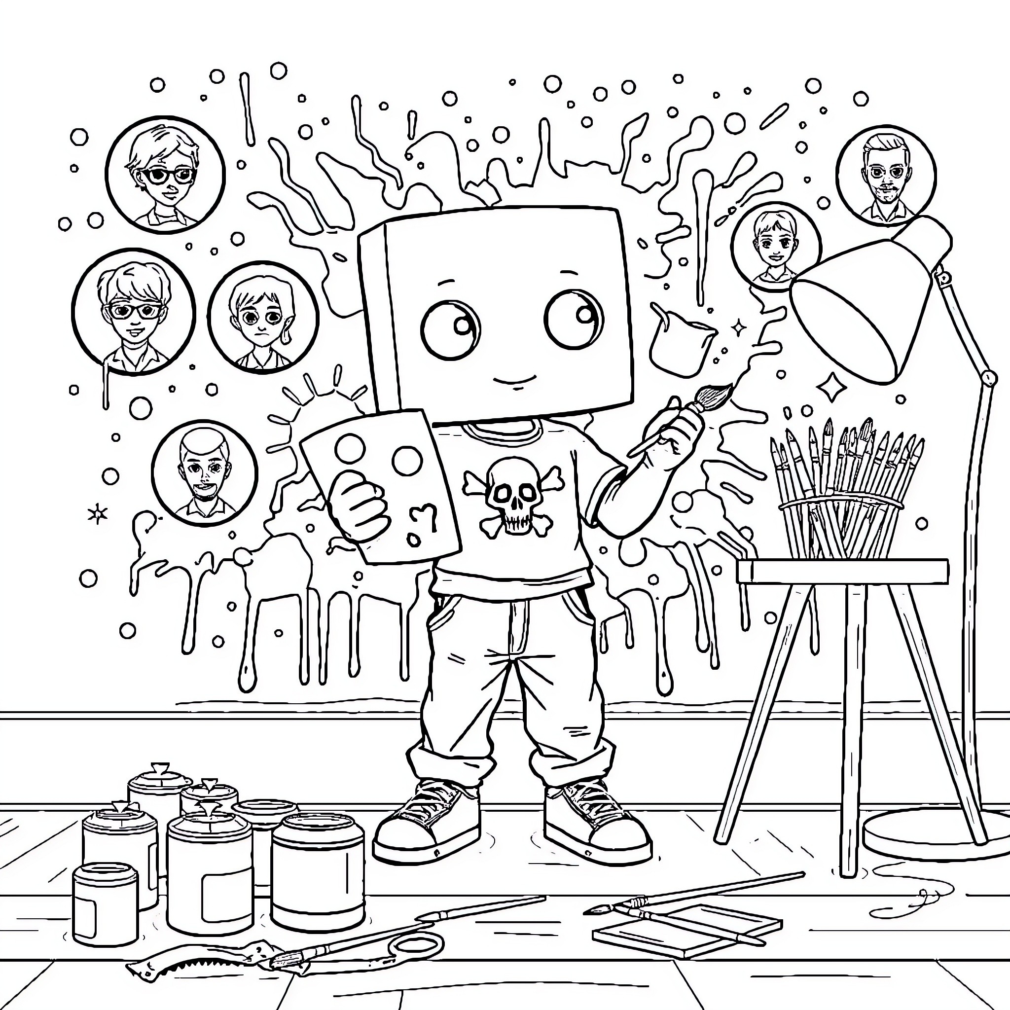 Character Creating Artwork with Others Coloring Page (free black-and-white line drawing printable PDF for all, from beginners to advanced learners, including children, teens, adults, and seniors)