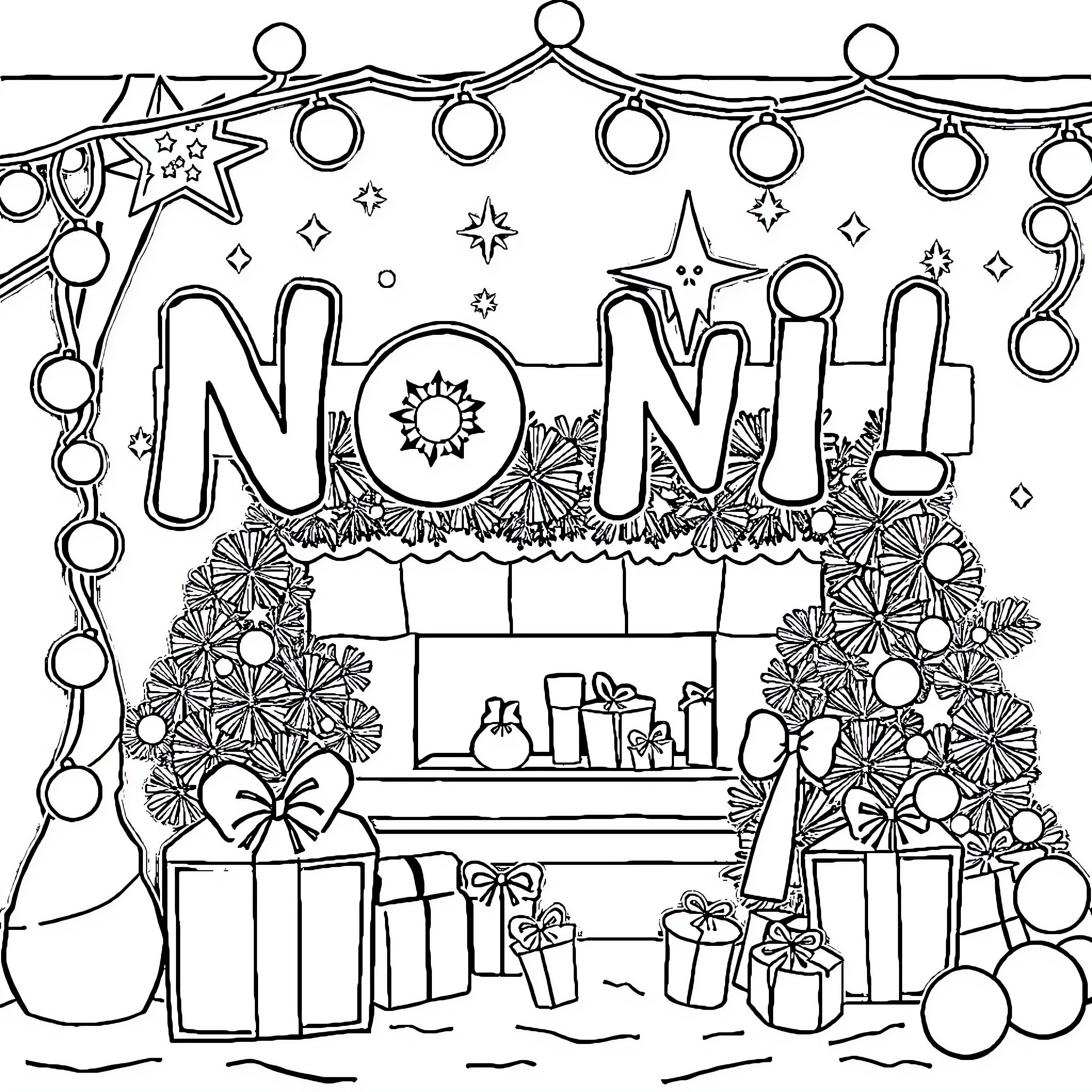 Noel Celebration with Festive Decorations and Gifts Coloring Page (free black-and-white line drawing printable PDF for all, from beginners to advanced learners, including children, teens, adults, and seniors)