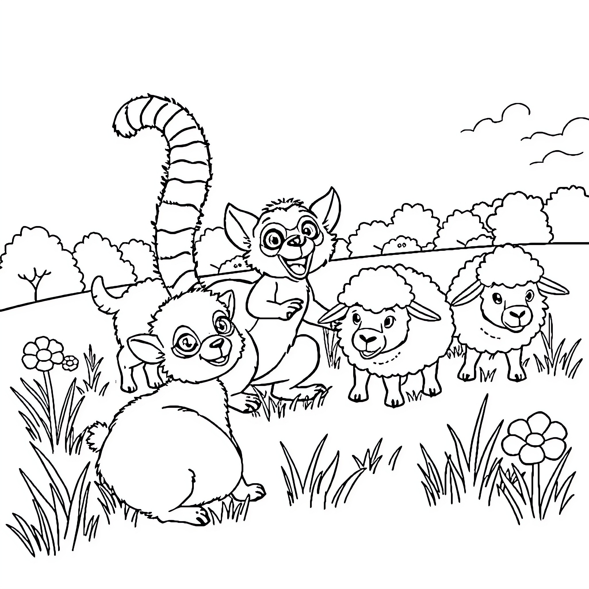 Zaboomafoo's Playful Animal Friends in the Outdoors Coloring Page (free black-and-white line drawing printable PDF for all, from beginners to advanced learners, including children, teens, adults, and seniors)