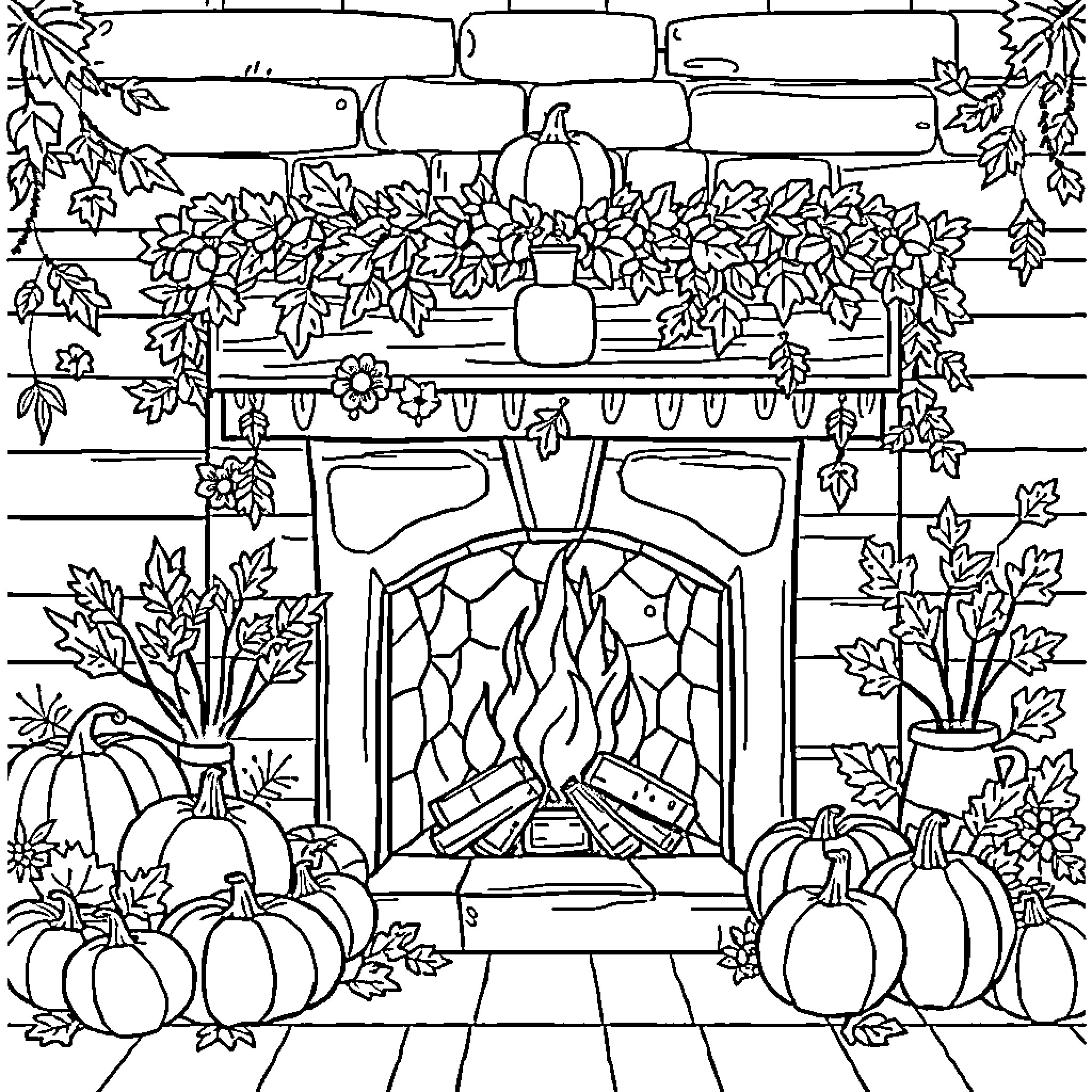 Fireplace with Autumn Decor Coloring Page (free black-and-white line drawing printable PDF for all, from beginners to advanced learners, including children, teens, adults, and seniors)