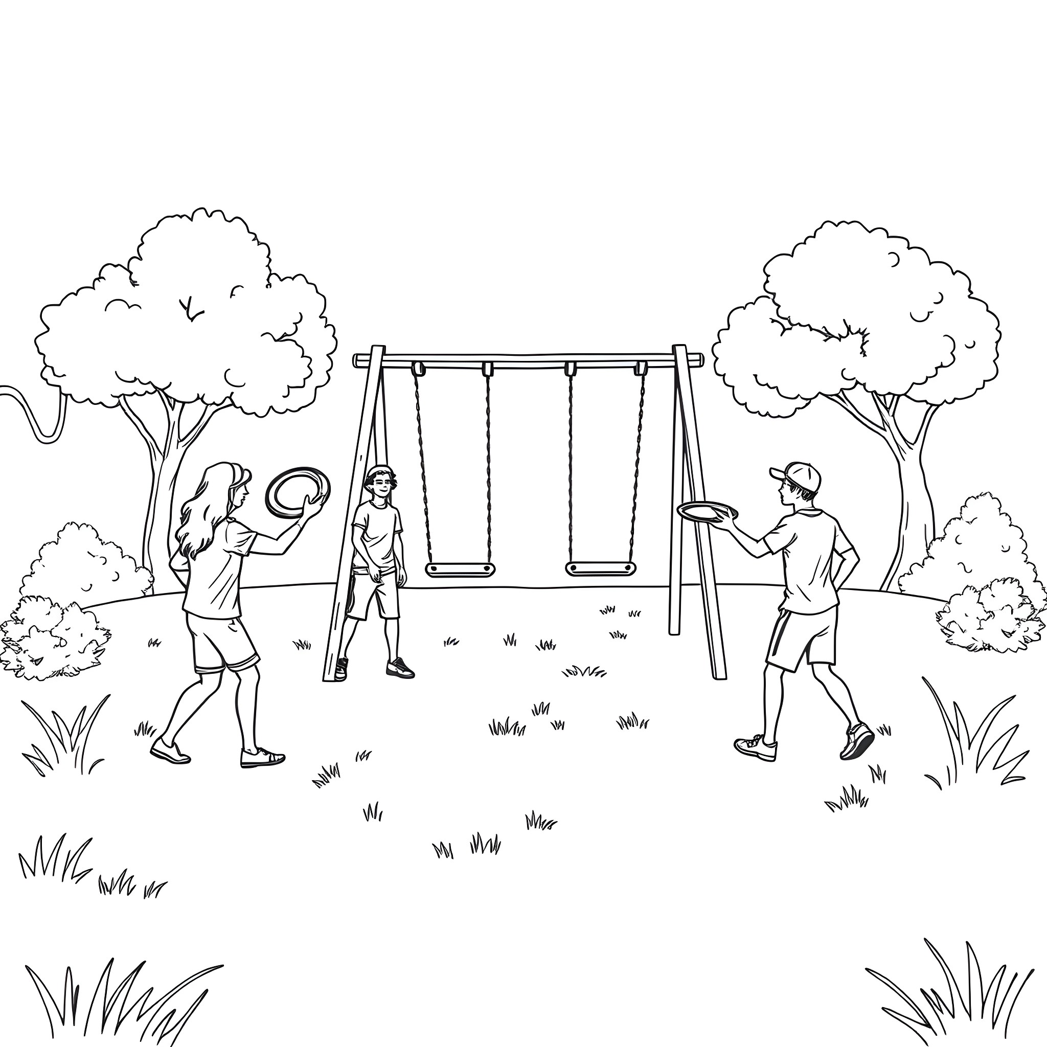 Disc Golf Players Enjoying Outdoor Activities in the Park Coloring Page (free black-and-white line drawing printable PDF for all, from beginners to advanced learners, including children, teens, adults, and seniors)