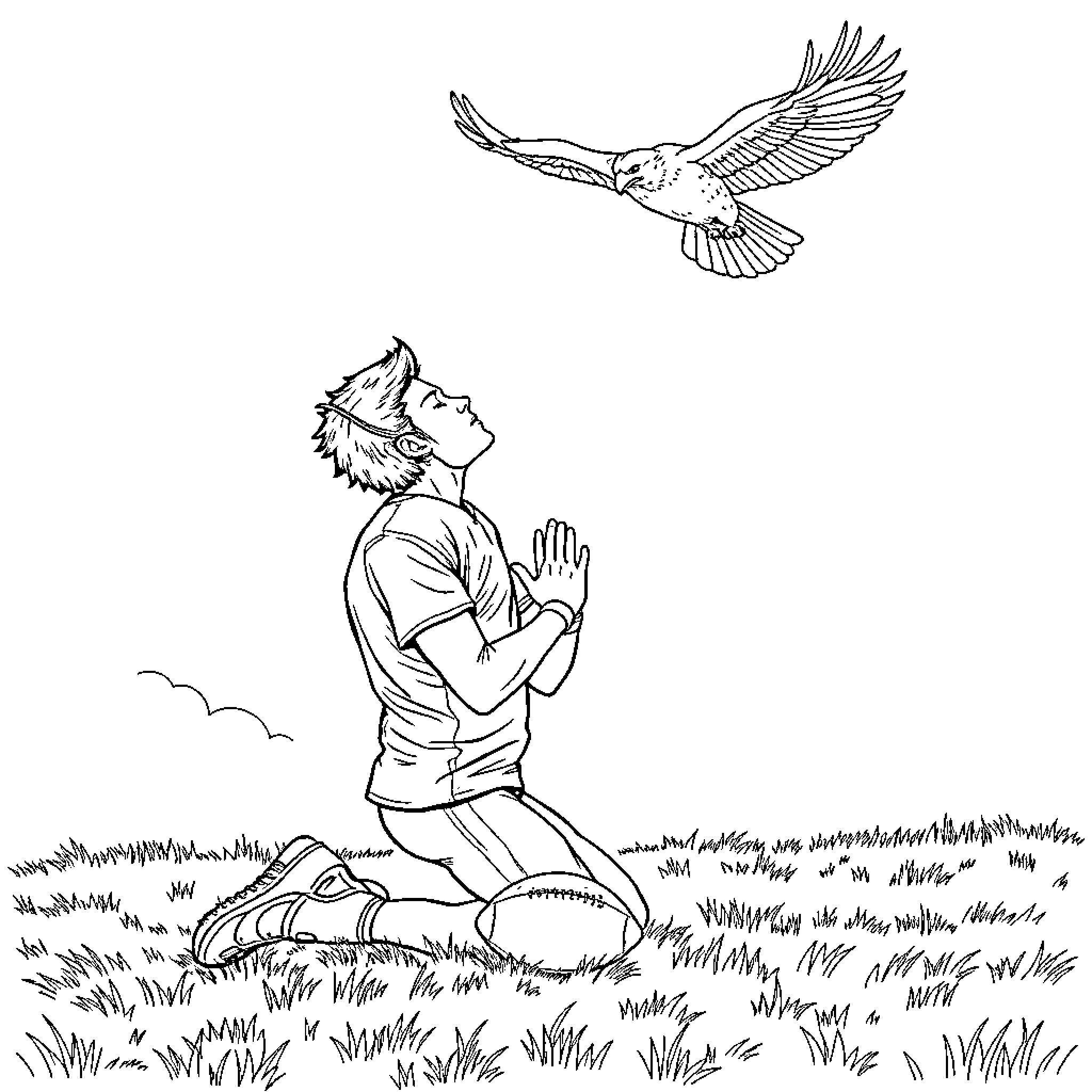 Football Player Praying Peacefully in Nature Coloring Page (free black-and-white line drawing printable PDF for all, from beginners to advanced learners, including children, teens, adults, and seniors)