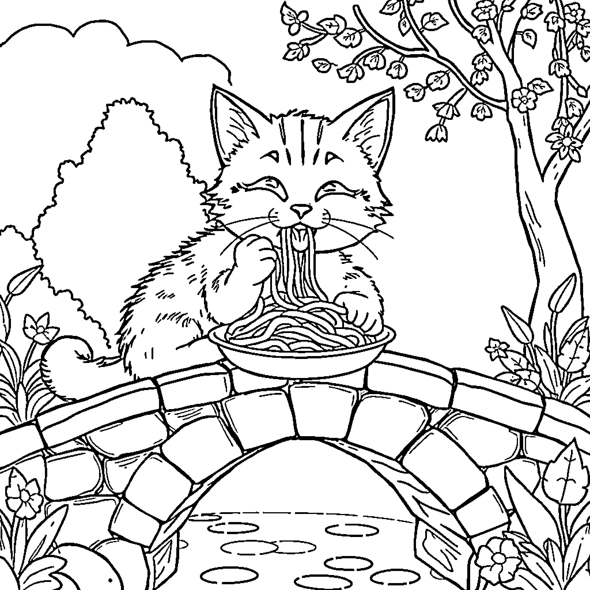 Cat enjoying spaghetti on a garden bridge Coloring Page (free black-and-white line drawing printable PDF for all, from beginners to advanced learners, including children, teens, adults, and seniors)