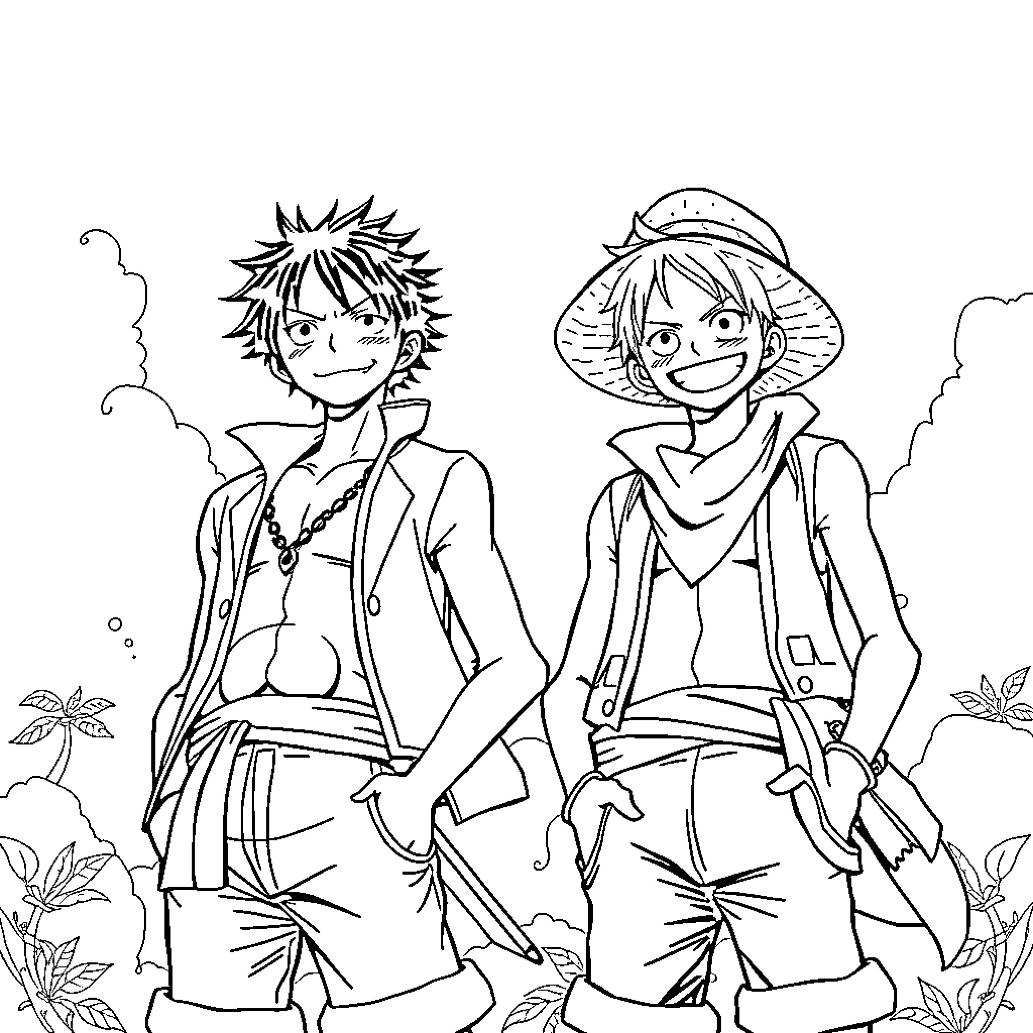 Saitama characters in adventurous outfits Coloring Page (free black-and-white line drawing printable PDF for all, from beginners to advanced learners, including children, teens, adults, and seniors)