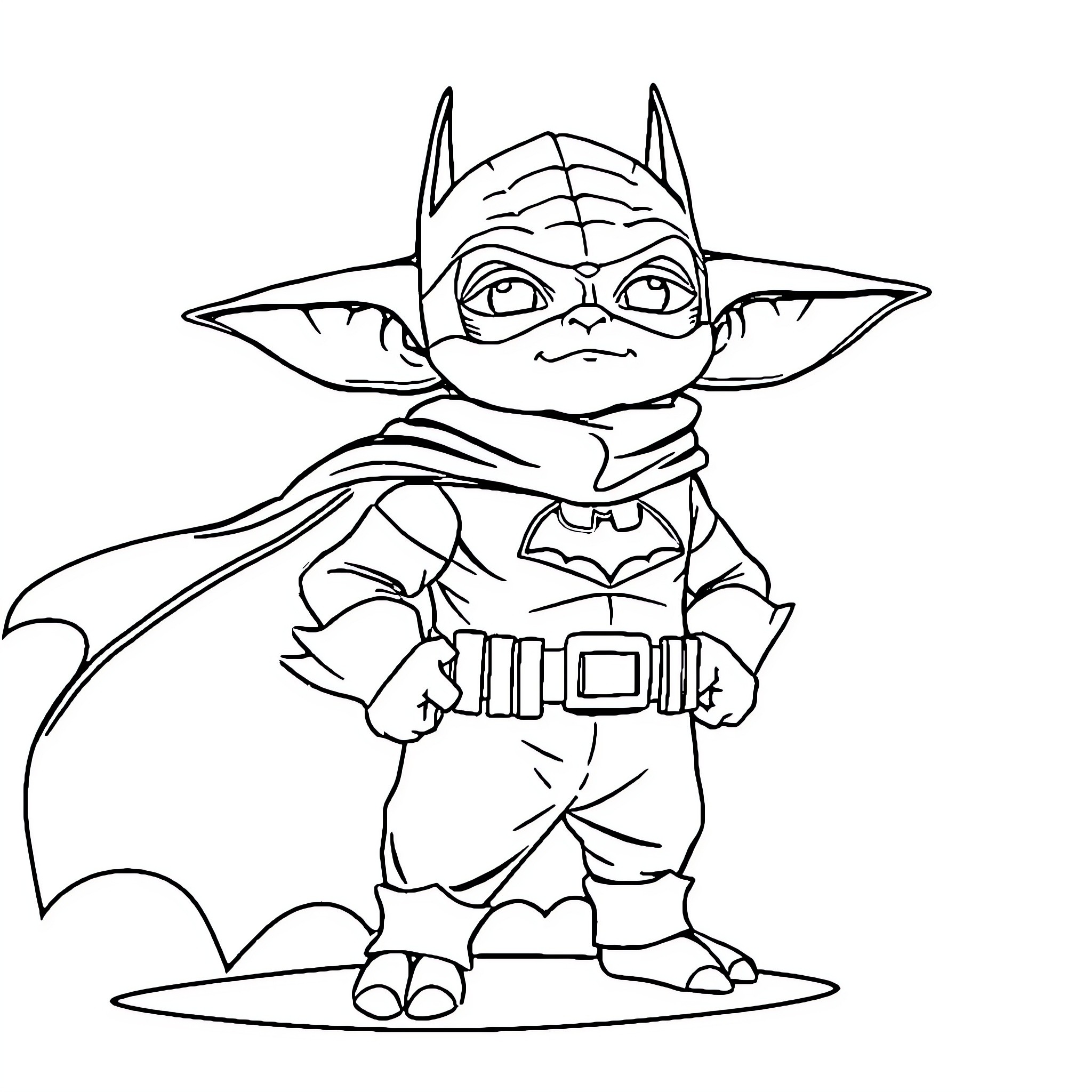 Yoda as a miniature superhero Coloring Page (free black-and-white line drawing printable PDF for all, from beginners to advanced learners, including children, teens, adults, and seniors)