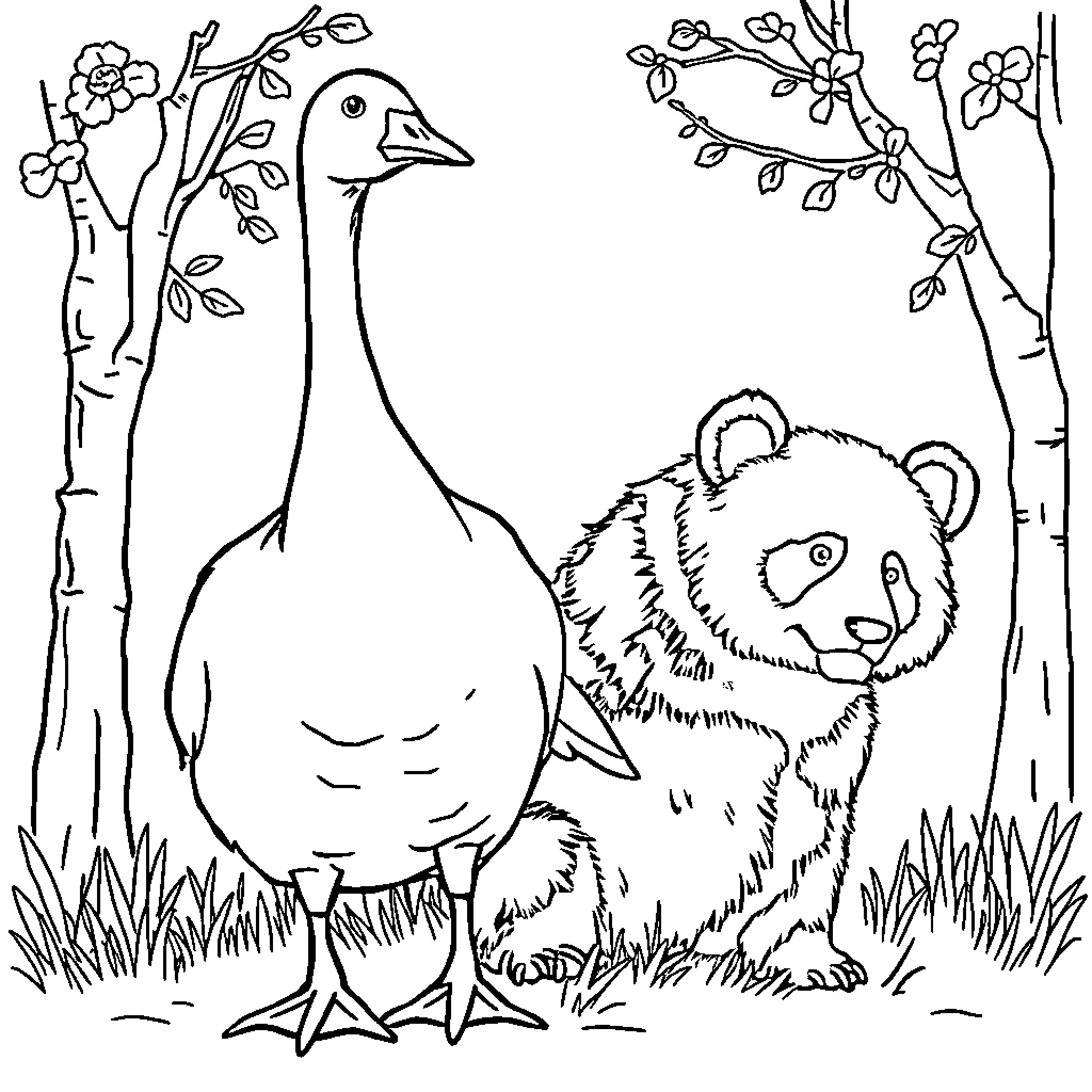 Goose and Panda in Blooming Garden Coloring Page (free black-and-white line drawing printable PDF for all, from beginners to advanced learners, including children, teens, adults, and seniors)