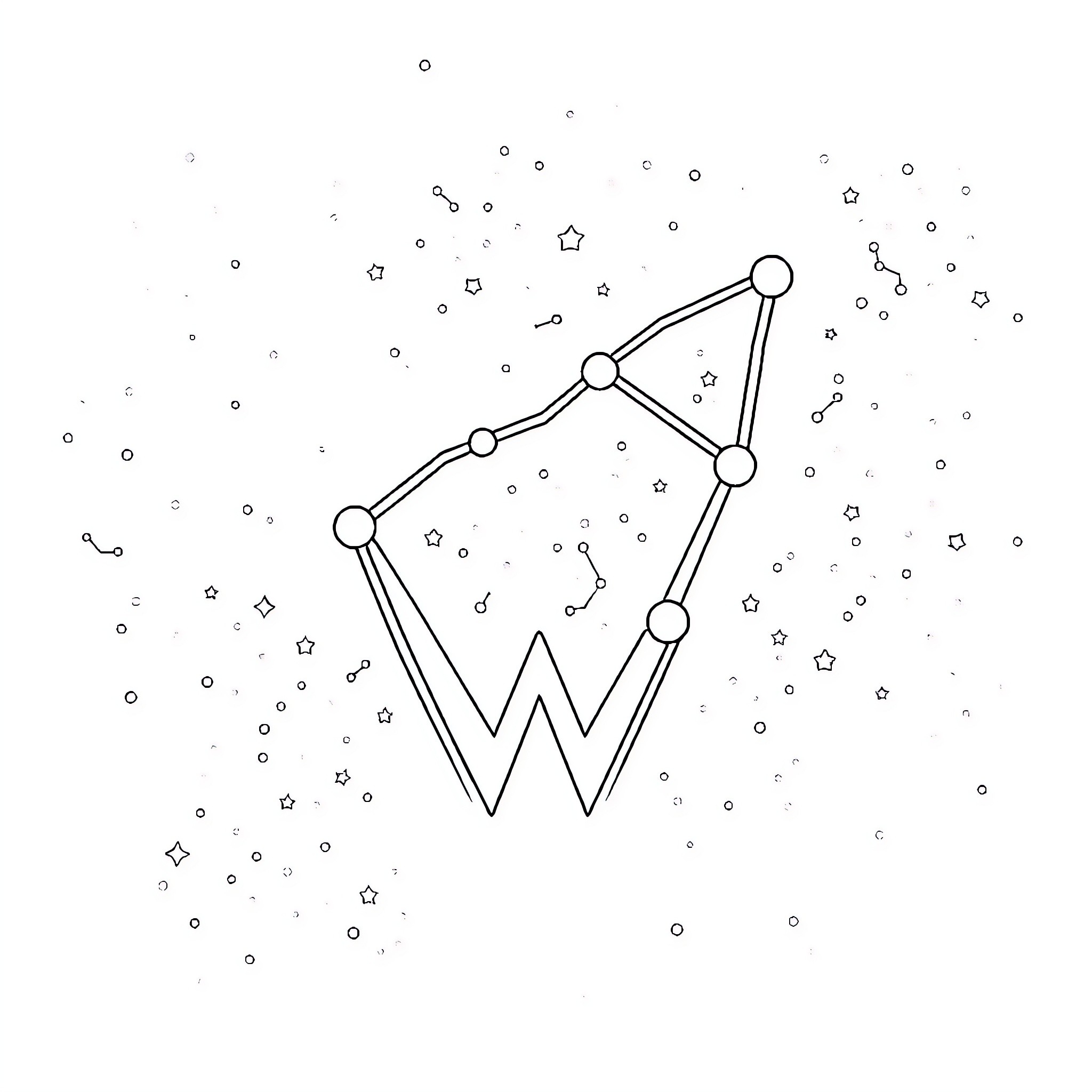 Cassiopeia constellation and stars in the night sky Coloring Page (free black-and-white line drawing printable PDF for all, from beginners to advanced learners, including children, teens, adults, and seniors)