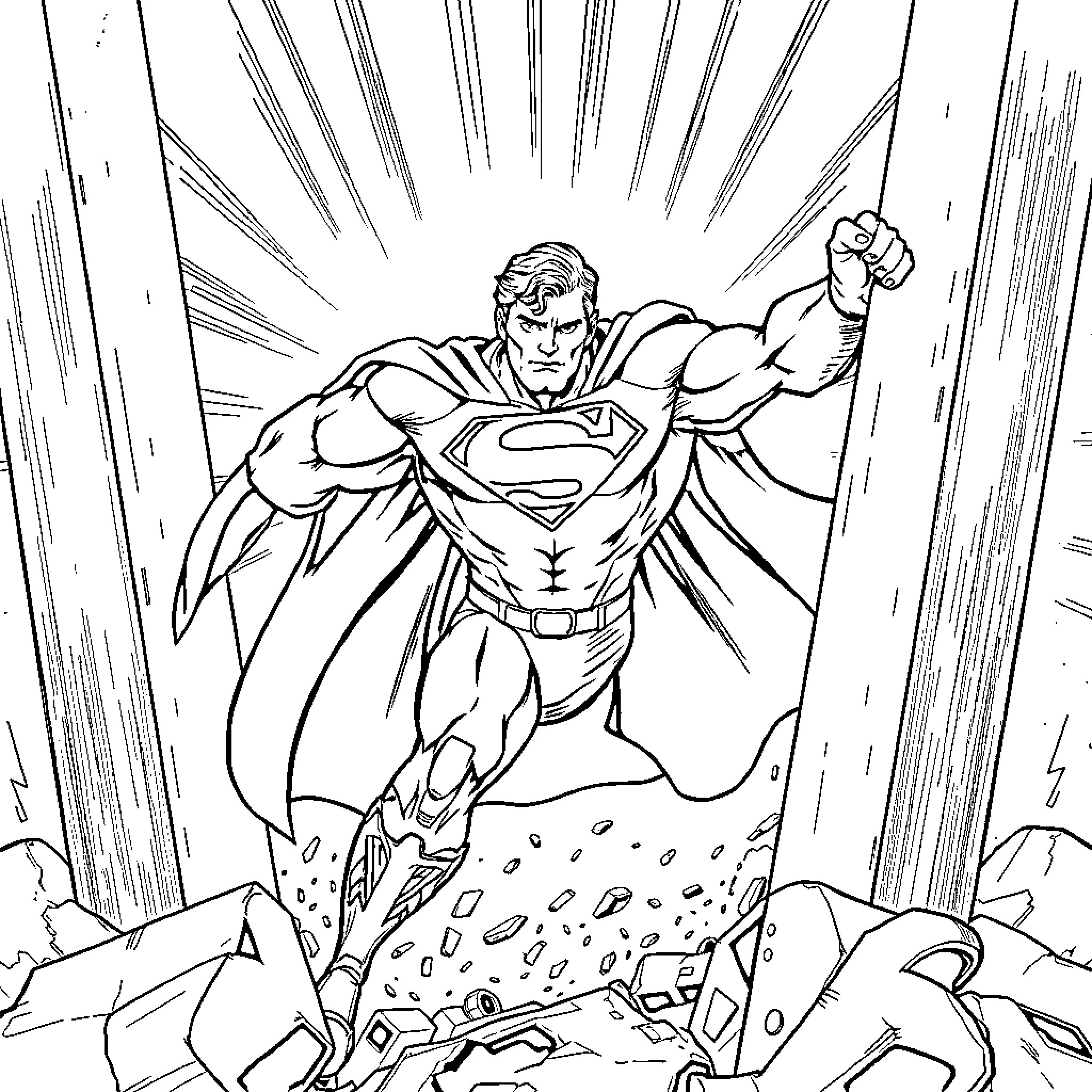 Superman heroically leaping into action Coloring Page (free black-and-white line drawing printable PDF for all, from beginners to advanced learners, including children, teens, adults, and seniors)