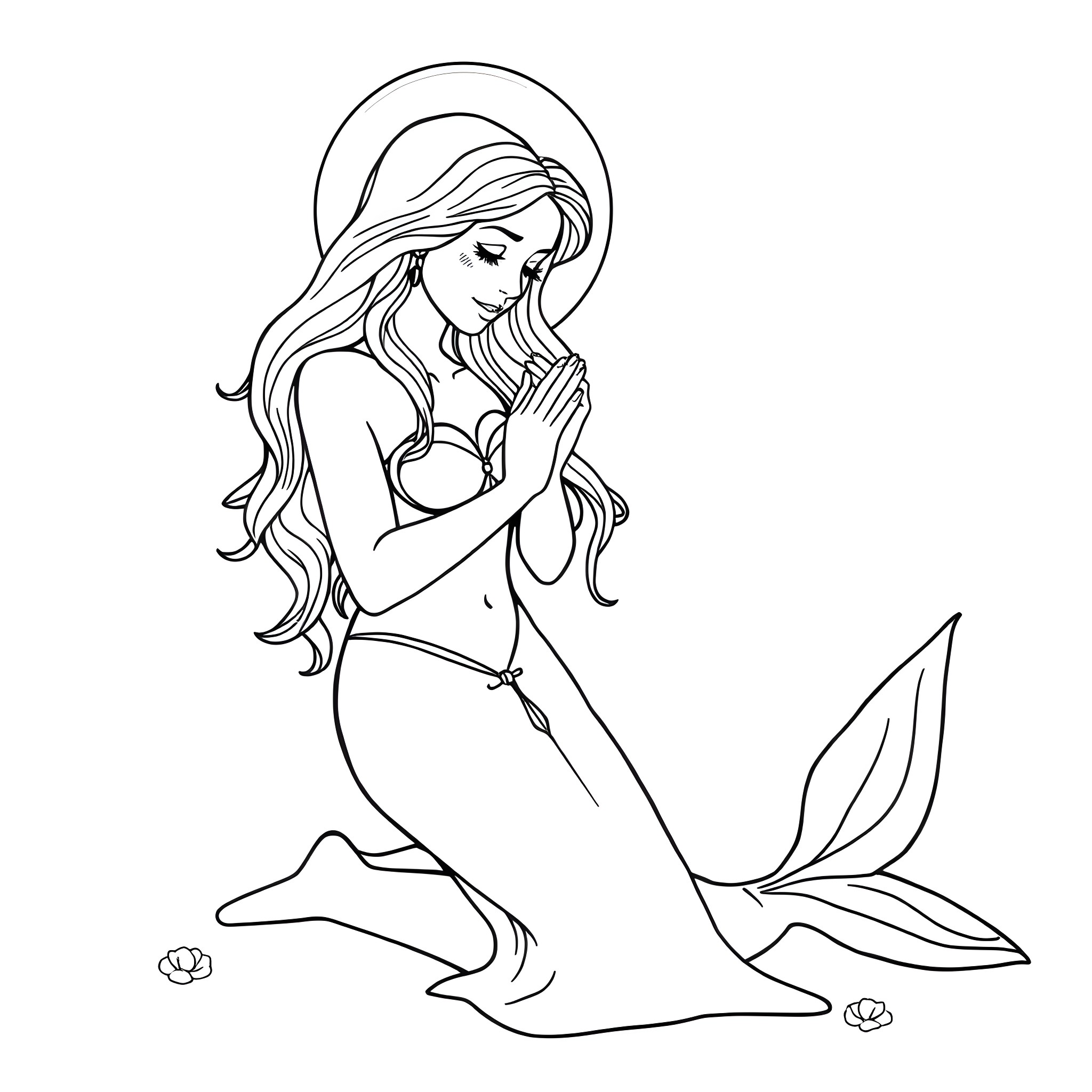 Mermaid gazing at underwater scenery Coloring Page (free black-and-white line drawing printable PDF for all, from beginners to advanced learners, including children, teens, adults, and seniors)