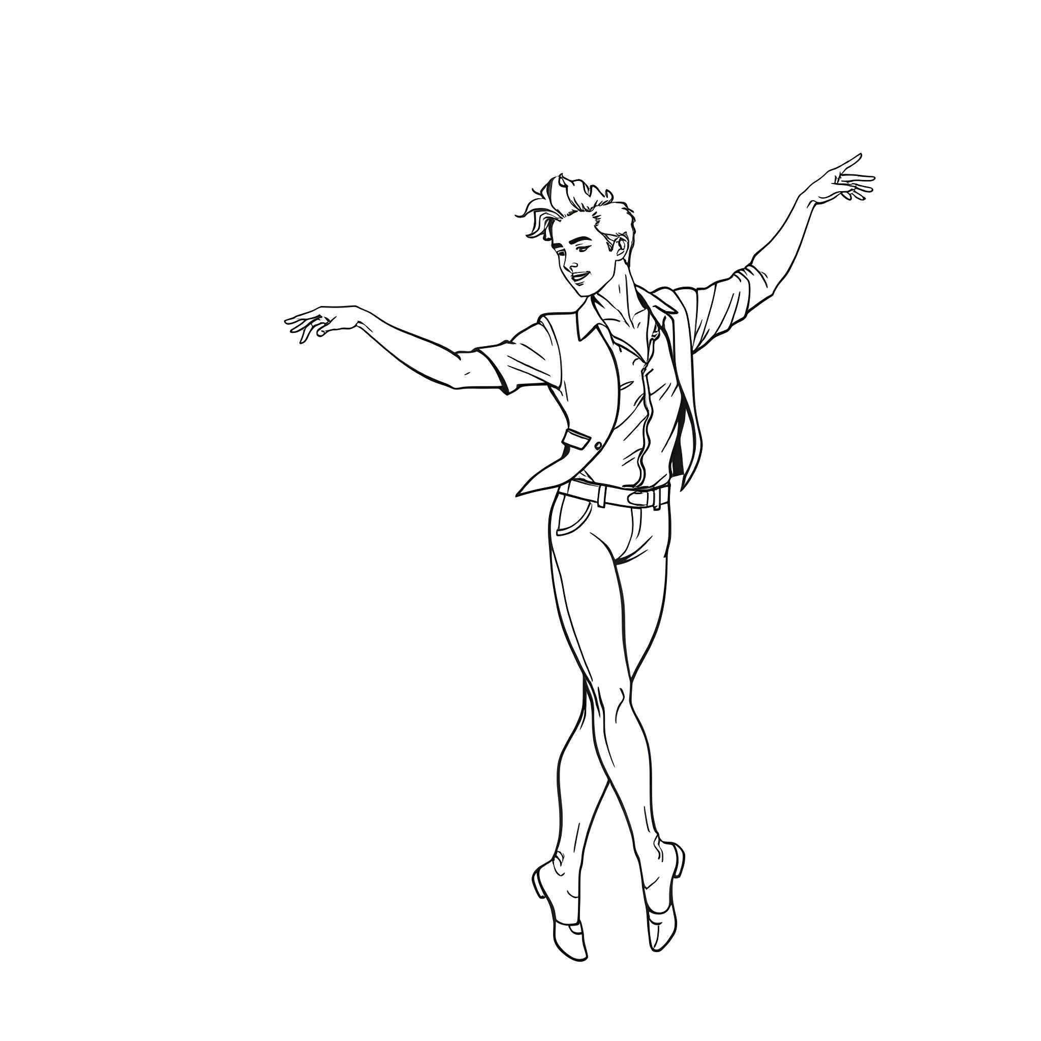 Steve Harrington dancing energetically Coloring Page (free black-and-white line drawing printable PDF for all, from beginners to advanced learners, including children, teens, adults, and seniors)