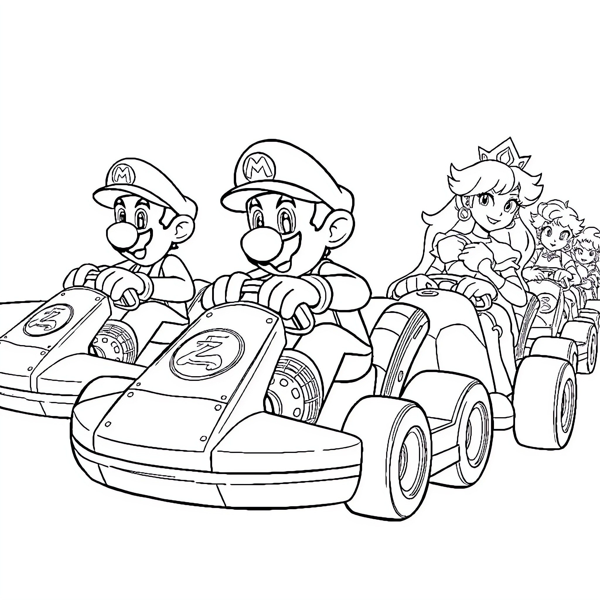 Mario Kart characters racing in fun vehicles Coloring Page (free black-and-white line drawing printable PDF for all, from beginners to advanced learners, including children, teens, adults, and seniors)