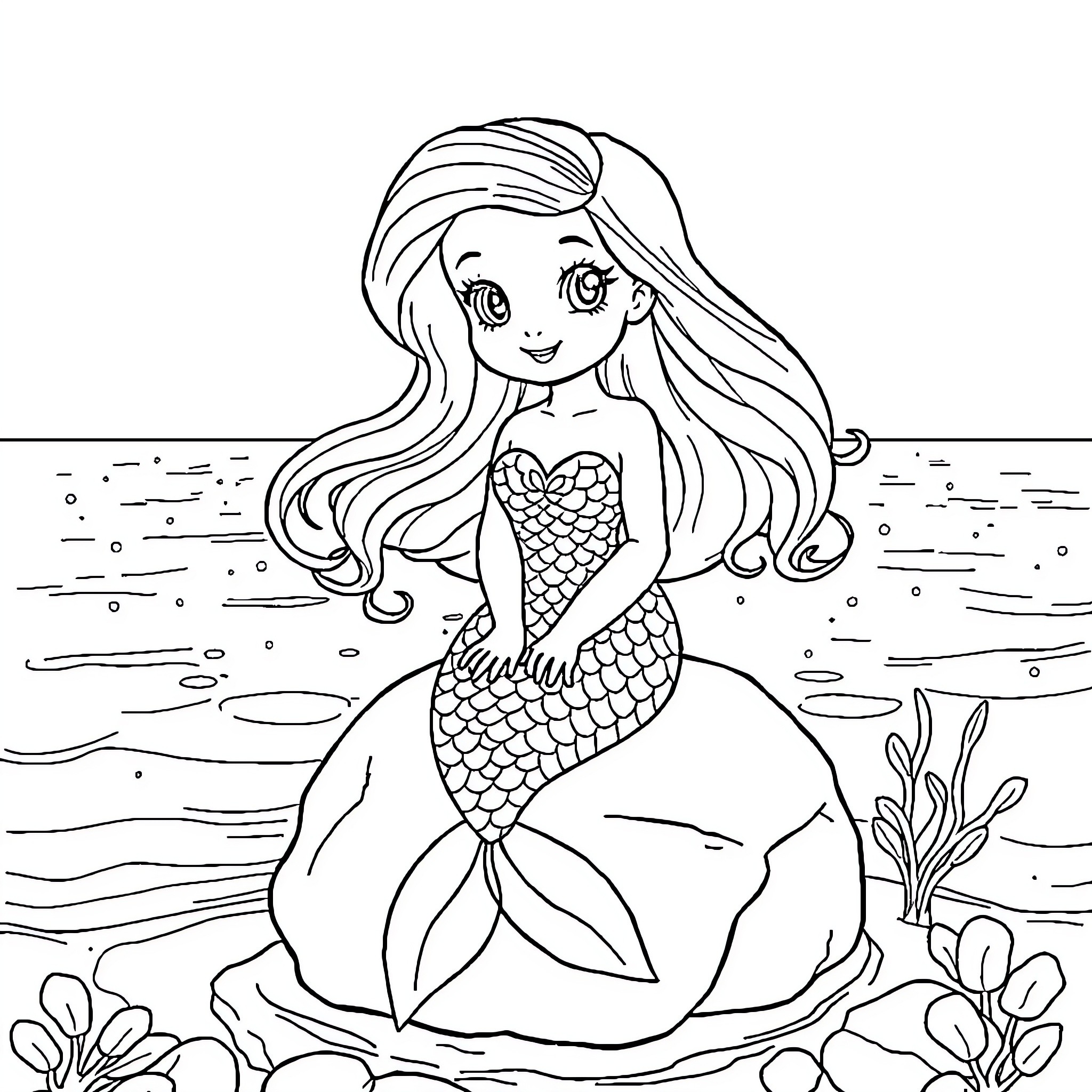 Mermaid playing in the ocean with sea creatures Coloring Page (free black-and-white line drawing printable PDF for all, from beginners to advanced learners, including children, teens, adults, and seniors)