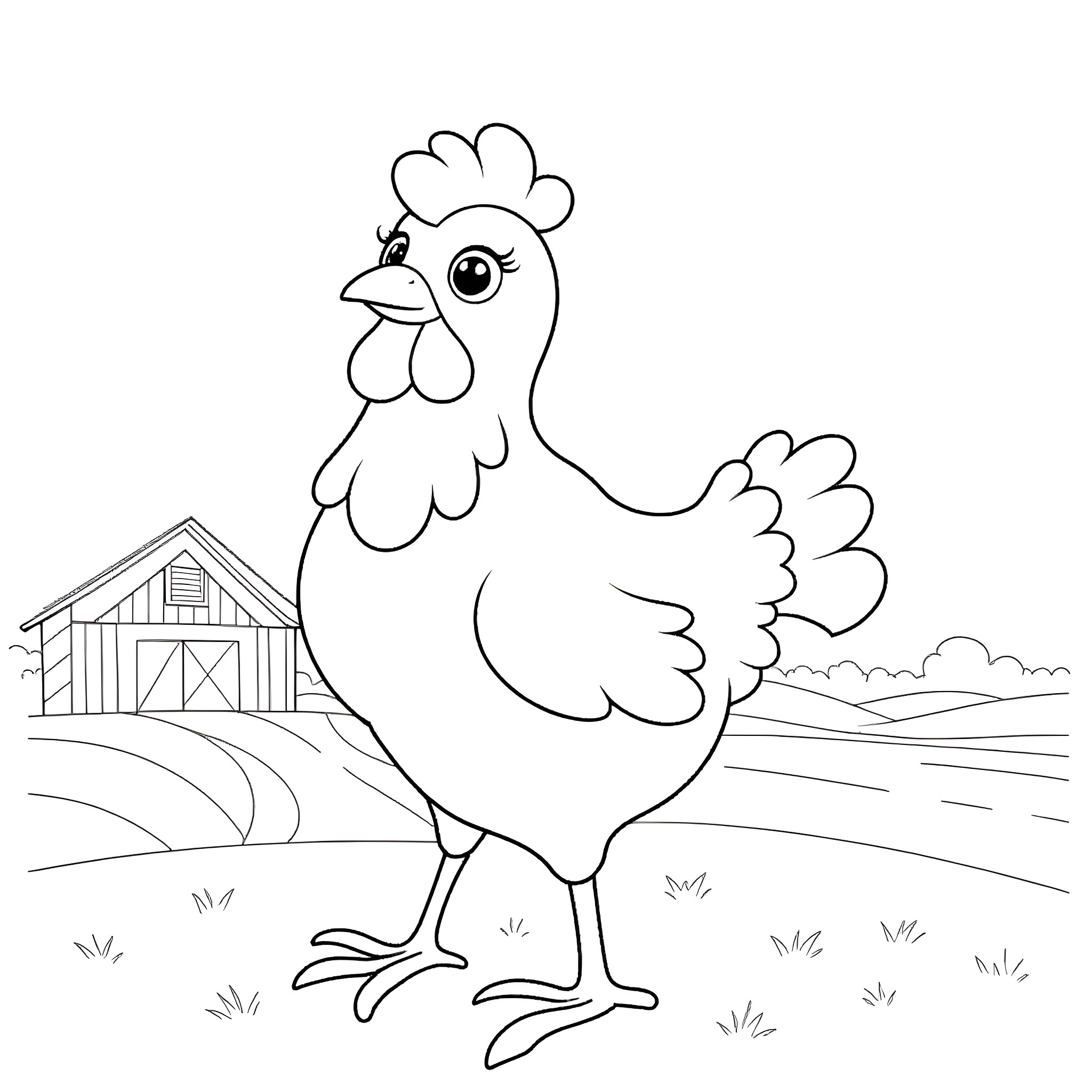 Chicken standing proudly on the farm Coloring Page (free black-and-white line drawing printable PDF for all, from beginners to advanced learners, including children, teens, adults, and seniors)