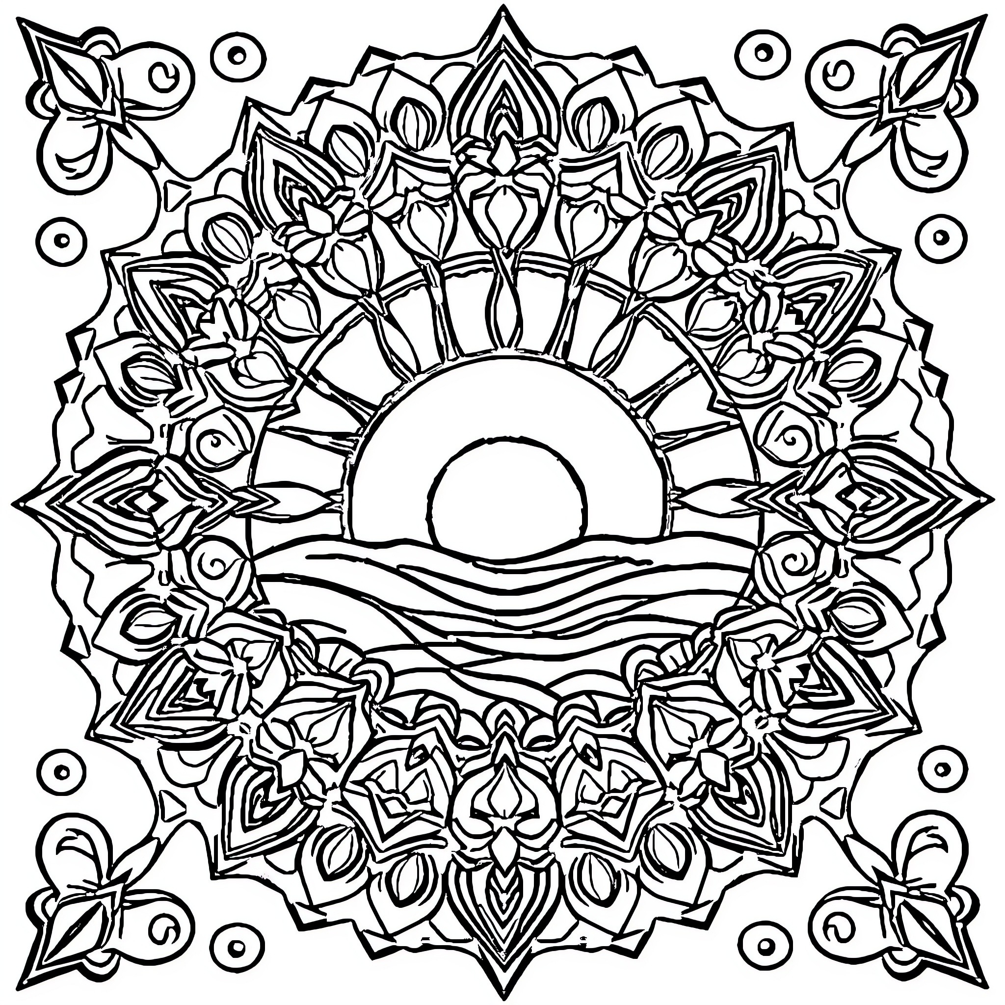 Mandalas with intricate floral patterns and sun imagery Coloring Page (free black-and-white line drawing printable PDF for all, from beginners to advanced learners, including children, teens, adults, and seniors)