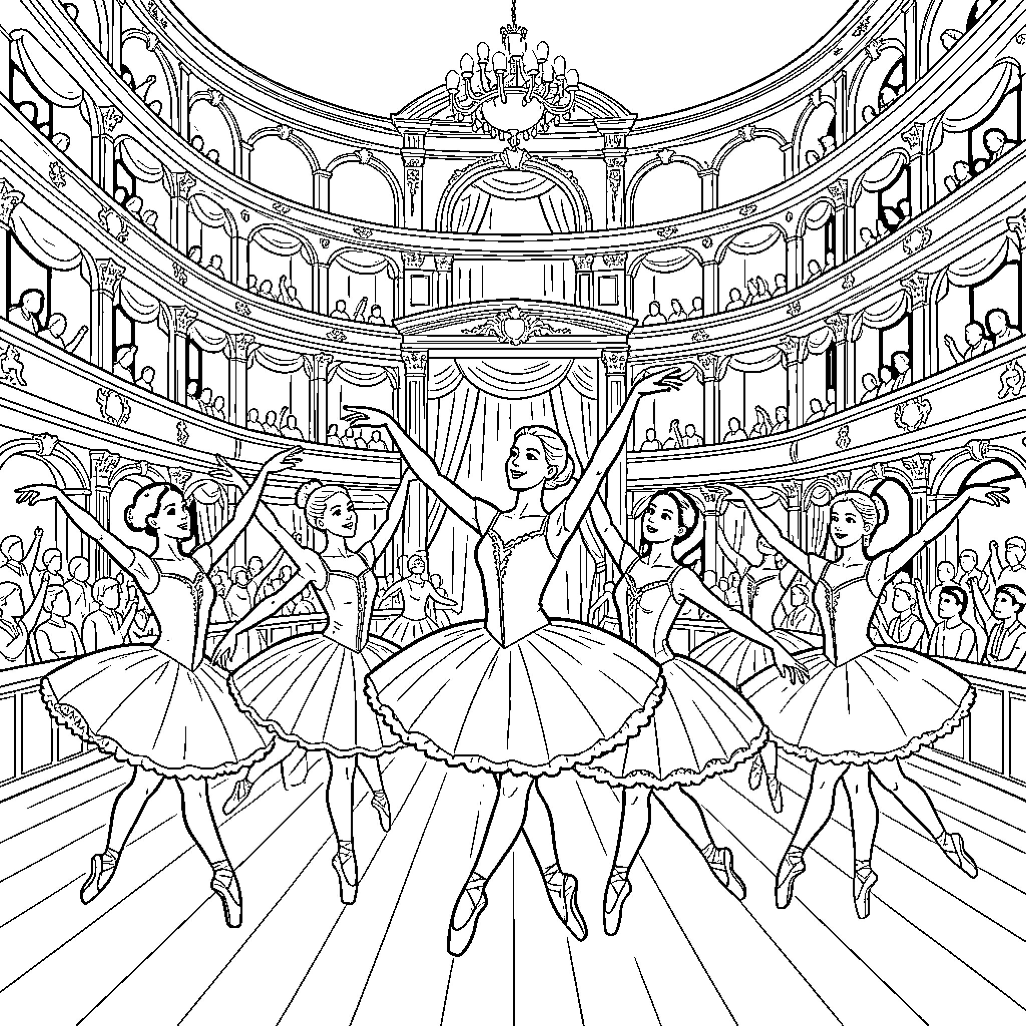 Ballet Performance on Stage Coloring Page (free black-and-white line drawing printable PDF for all, from beginners to advanced learners, including children, teens, adults, and seniors)