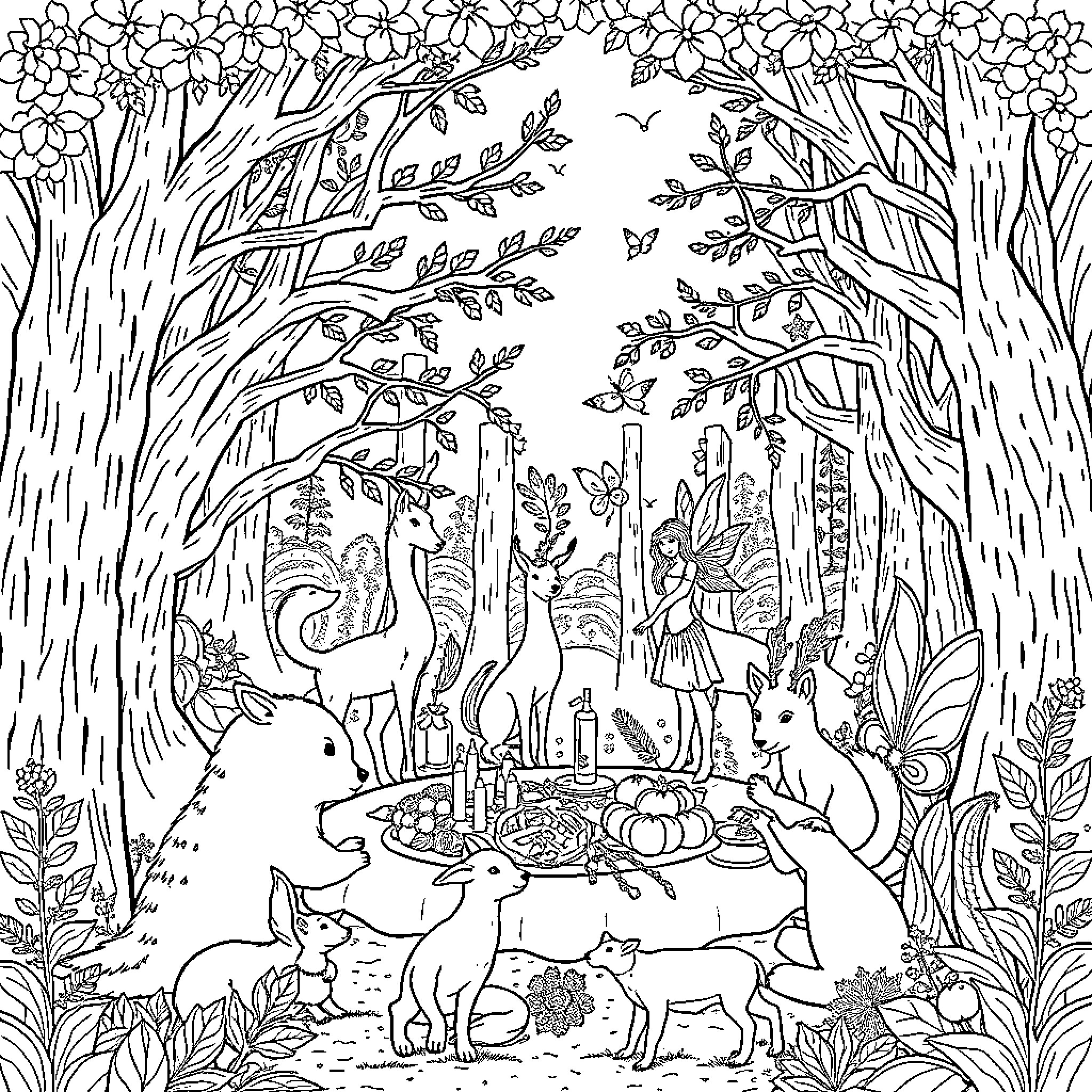 Feast of Fantasy Creatures in Enchanted Forest Coloring Page (free black-and-white line drawing printable PDF for all, from beginners to advanced learners, including children, teens, adults, and seniors)