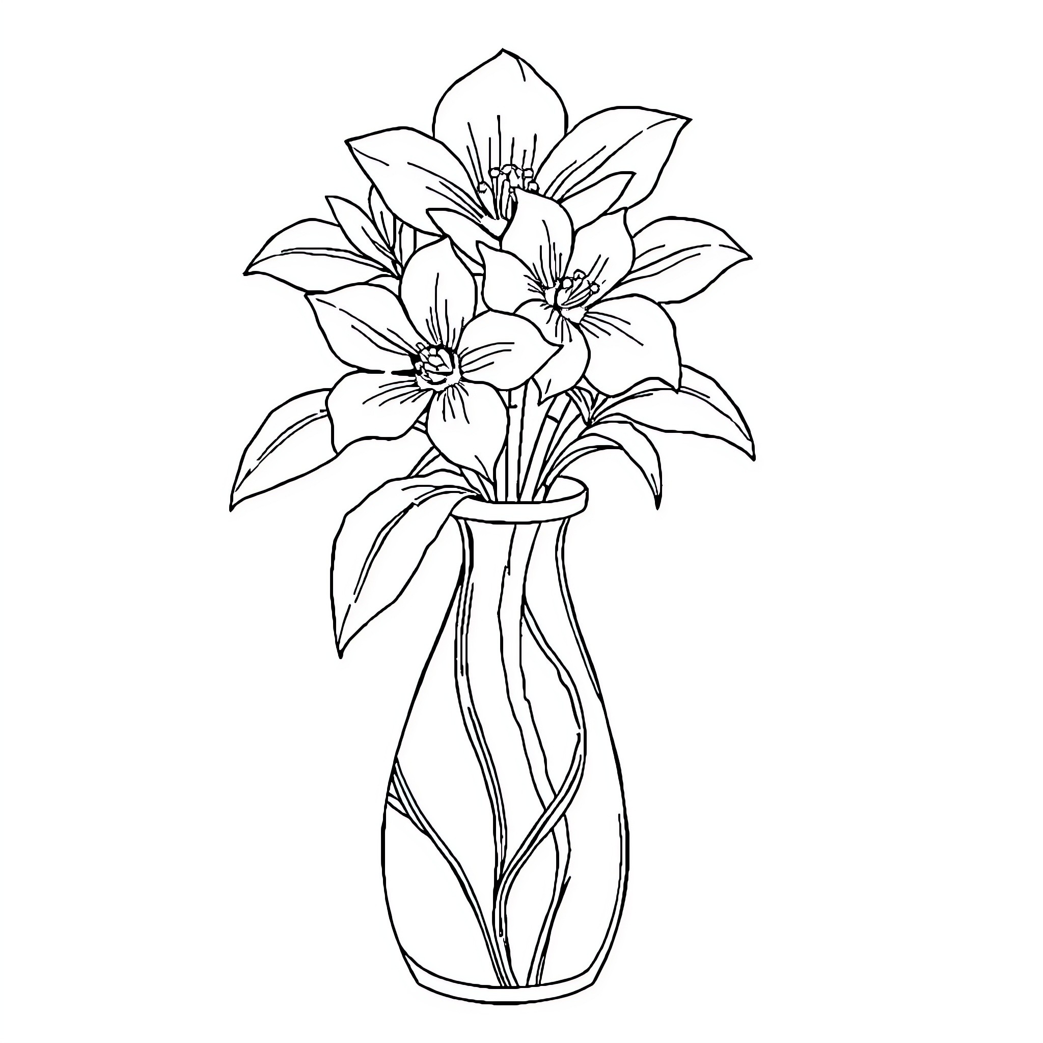 Vase of elegant floral arrangement Coloring Page (free black-and-white line drawing printable PDF for all, from beginners to advanced learners, including children, teens, adults, and seniors)