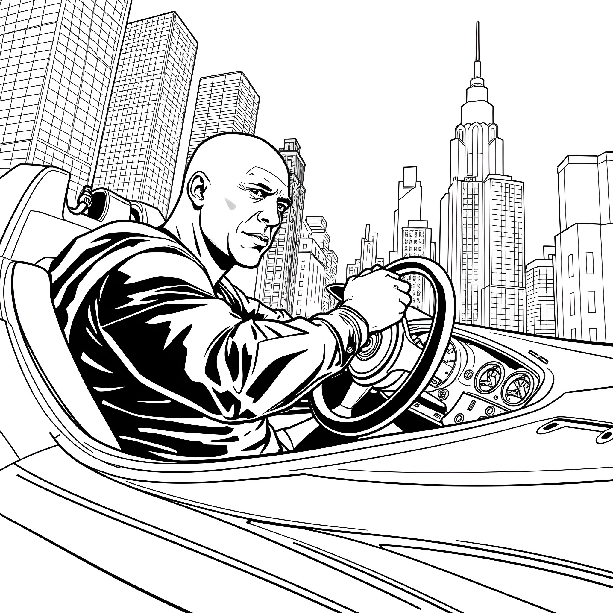 Batmobile speeding through the city streets Coloring Page (free black-and-white line drawing printable PDF for all, from beginners to advanced learners, including children, teens, adults, and seniors)