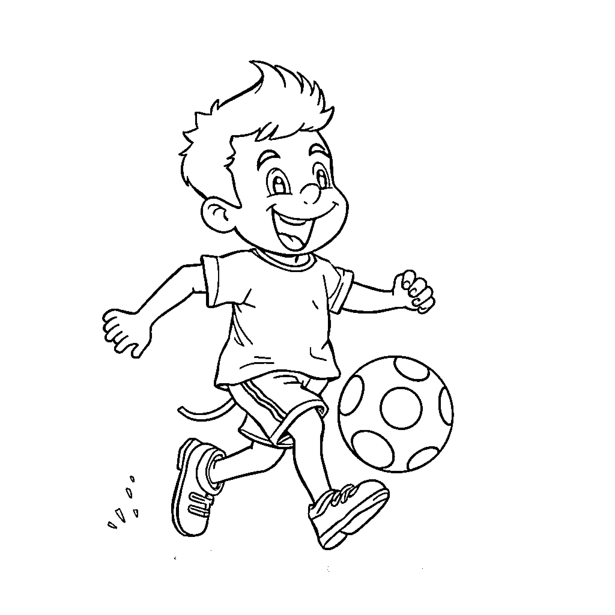 Boy playing happily with a ball Coloring Page (free black-and-white line drawing printable PDF for all, from beginners to advanced learners, including children, teens, adults, and seniors)