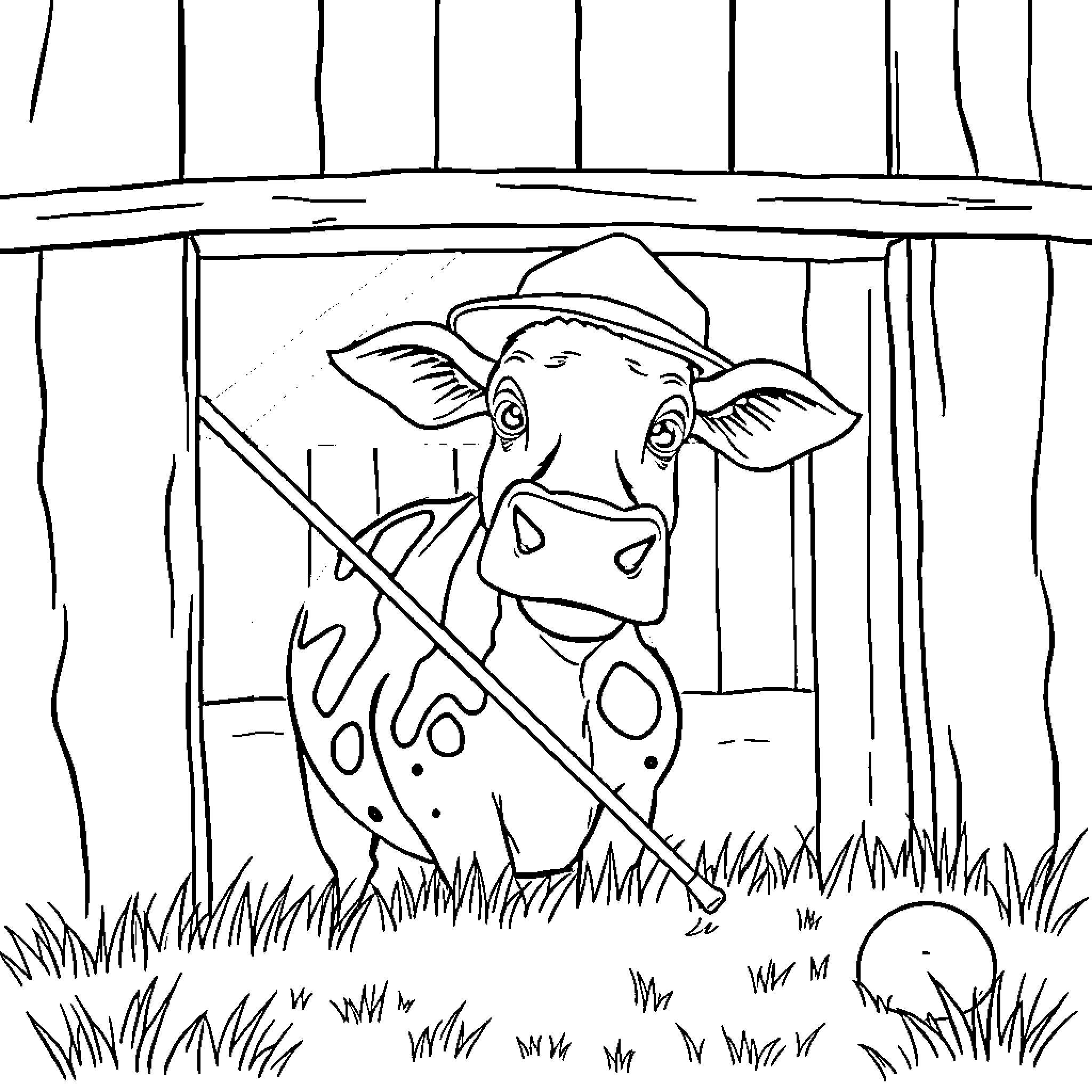 Cow resting in a rural scene Coloring Page (free black-and-white line drawing printable PDF for all, from beginners to advanced learners, including children, teens, adults, and seniors)