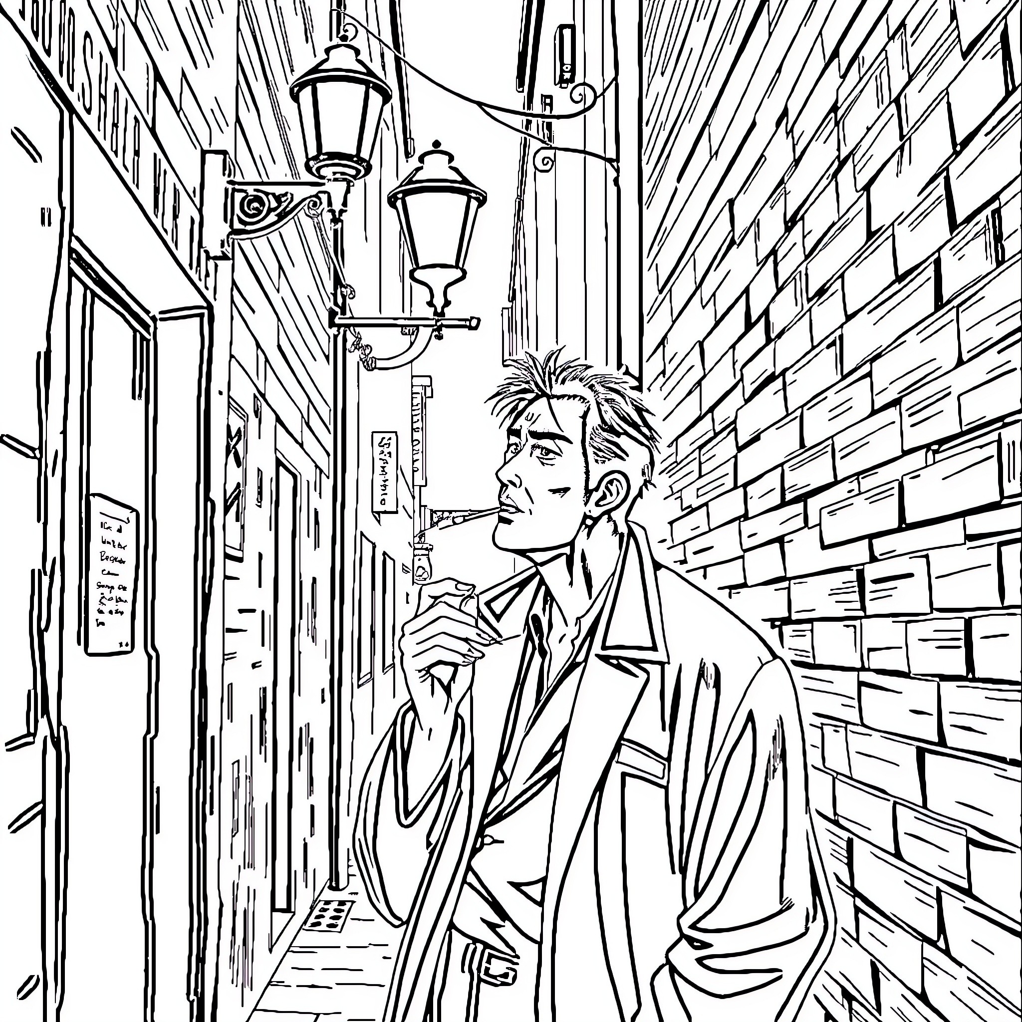 Takeda Kaneshiro in a thoughtful stroll through a dimly lit alley Coloring Page (free black-and-white line drawing printable PDF for all, from beginners to advanced learners, including children, teens, adults, and seniors)