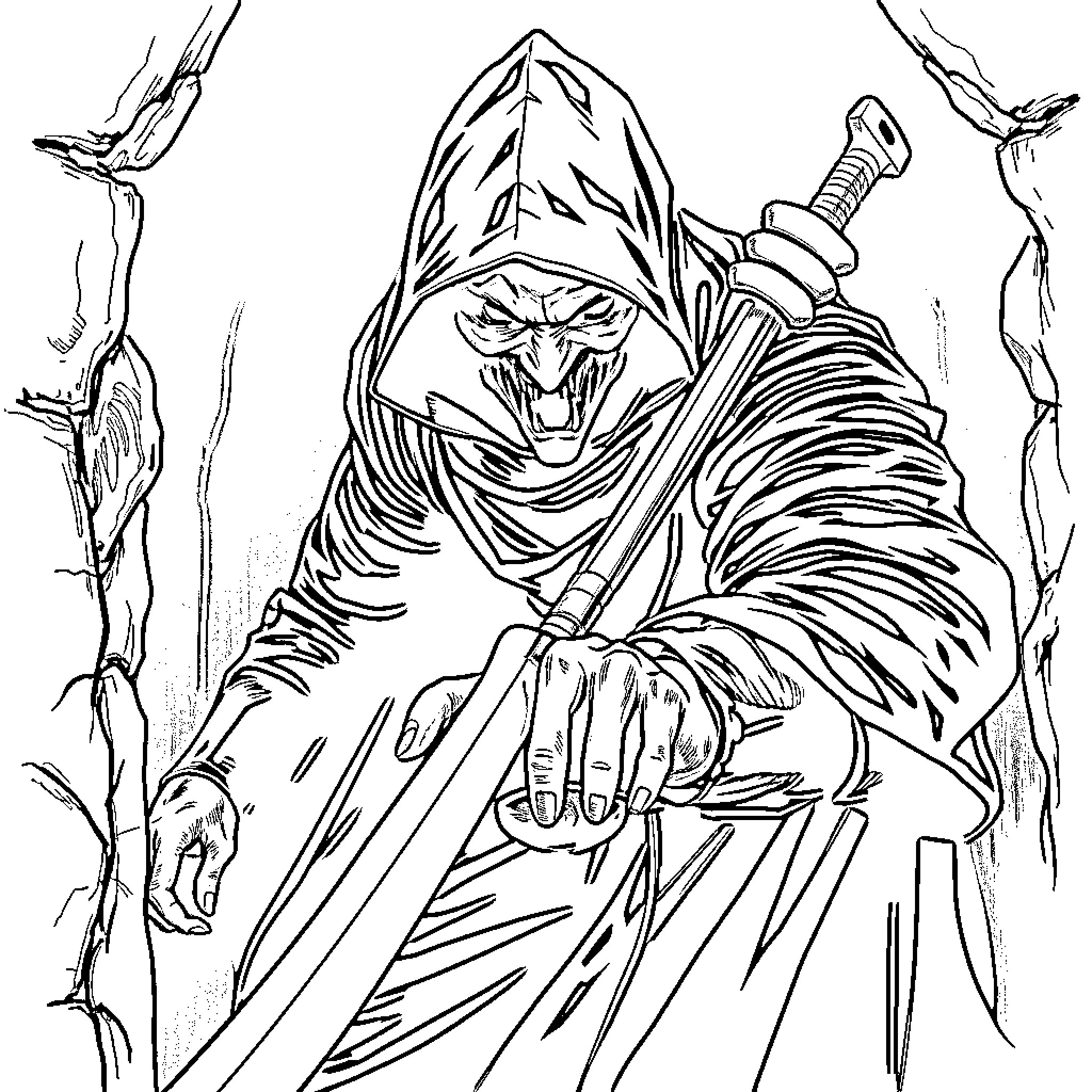 Vampire Ninja wielding a sword in an ominous scene Coloring Page (free black-and-white line drawing printable PDF for all, from beginners to advanced learners, including children, teens, adults, and seniors)
