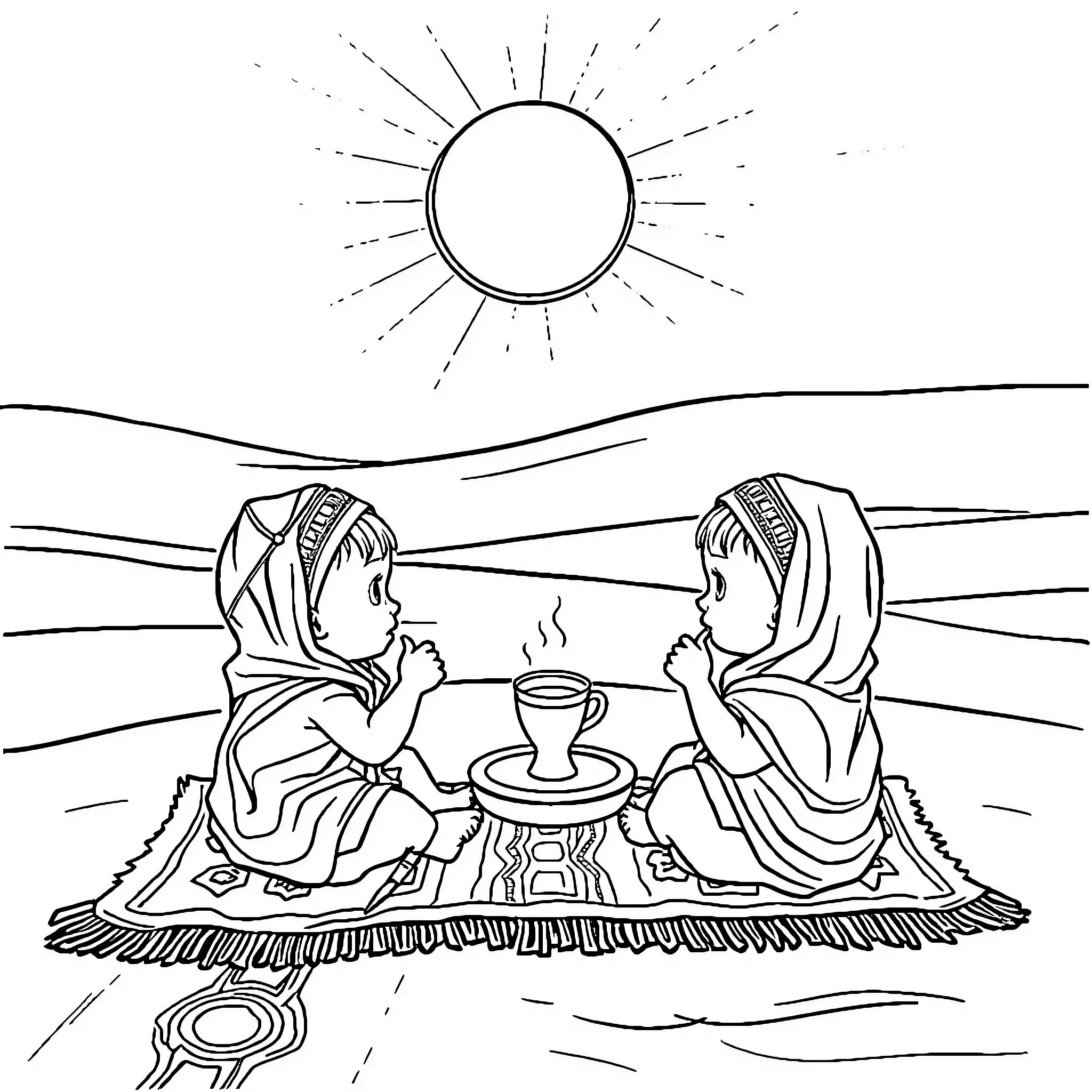 Baby enjoying warm morning tea with friend Coloring Page (free black-and-white line drawing printable PDF for all, from beginners to advanced learners, including children, teens, adults, and seniors)