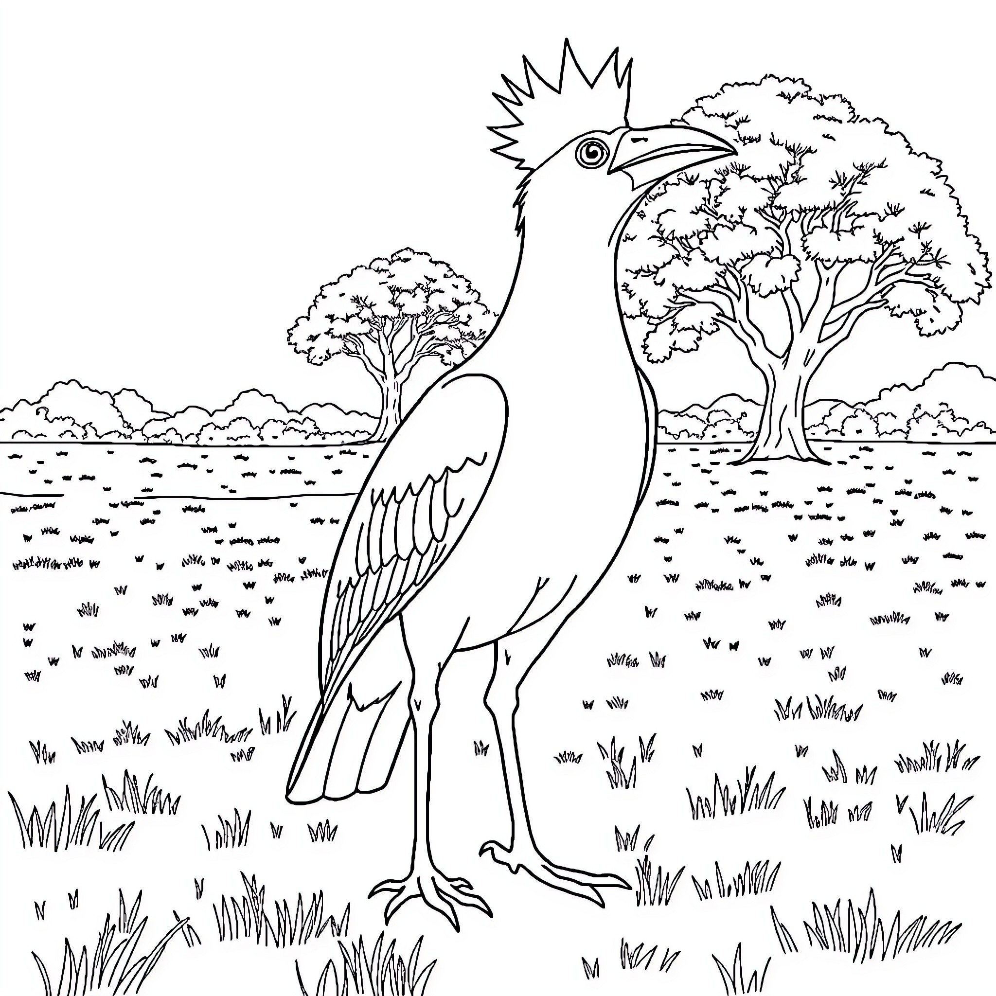 Guinea Turaco standing proudly in natural habitat Coloring Page (free black-and-white line drawing printable PDF for all, from beginners to advanced learners, including children, teens, adults, and seniors)