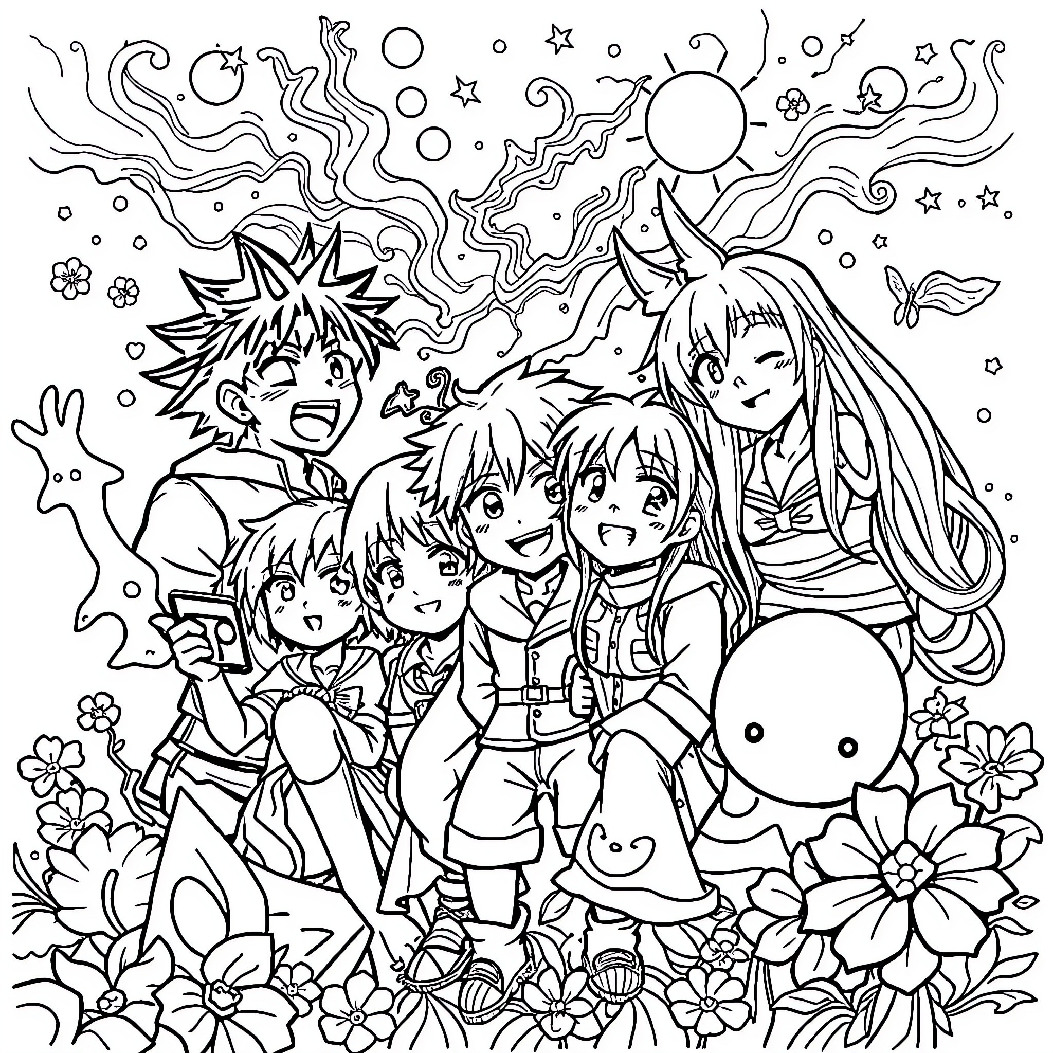Anime Group of Cheerful Characters in Vibrant Scene Coloring Page (free black-and-white line drawing printable PDF for all, from beginners to advanced learners, including children, teens, adults, and seniors)