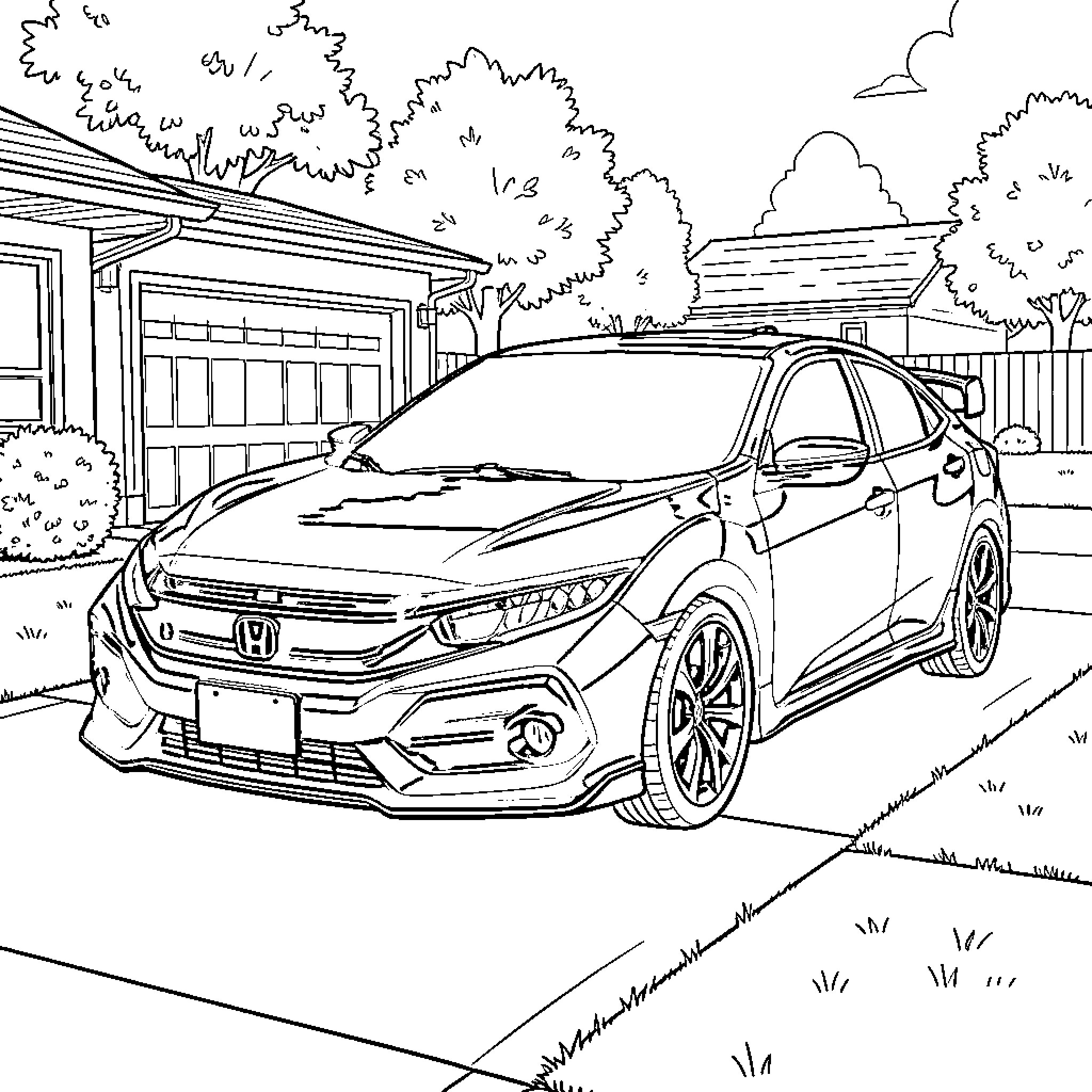 Honda Civic parked in suburban neighborhood Coloring Page (free black-and-white line drawing printable PDF for all, from beginners to advanced learners, including children, teens, adults, and seniors)