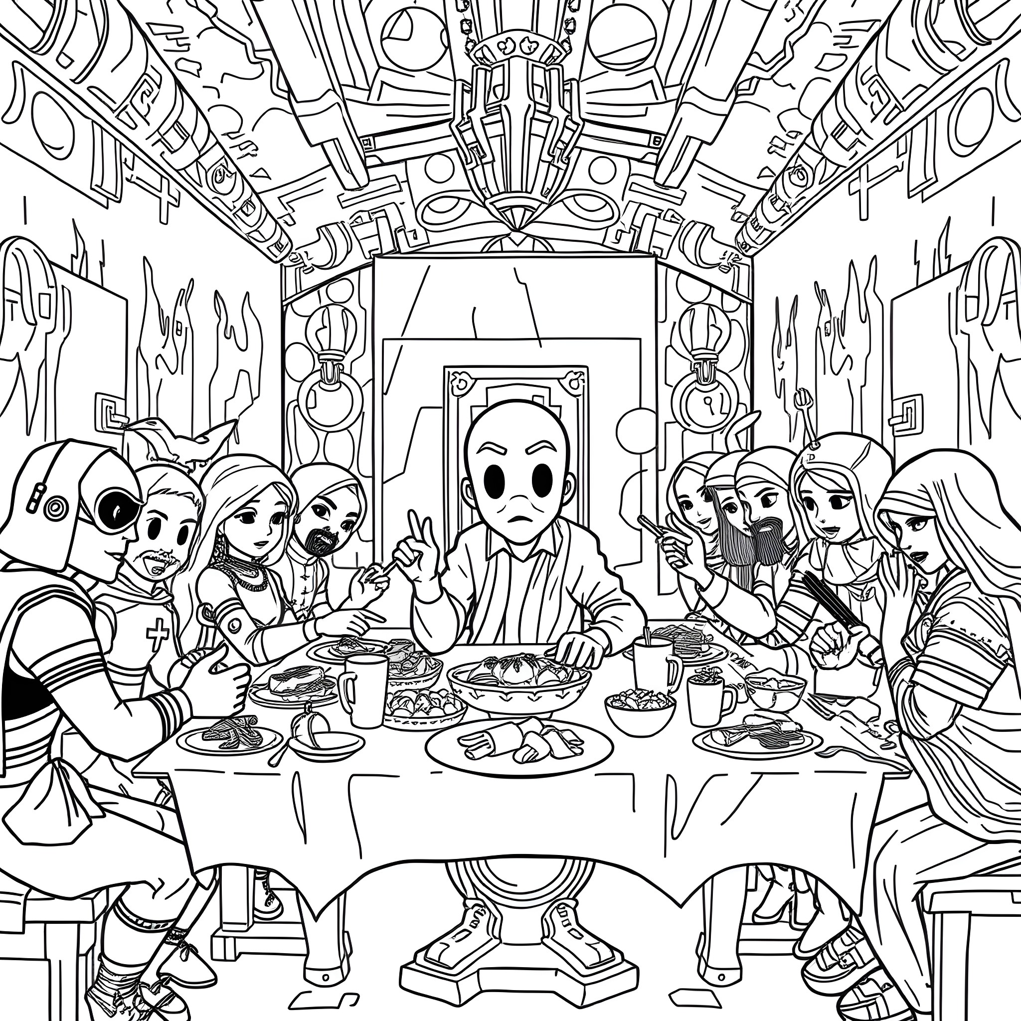 Peely's Surreal Feast: Figures Gathered Around a Curious Meal Coloring Page (free black-and-white line drawing printable PDF for all, from beginners to advanced learners, including children, teens, adults, and seniors)
