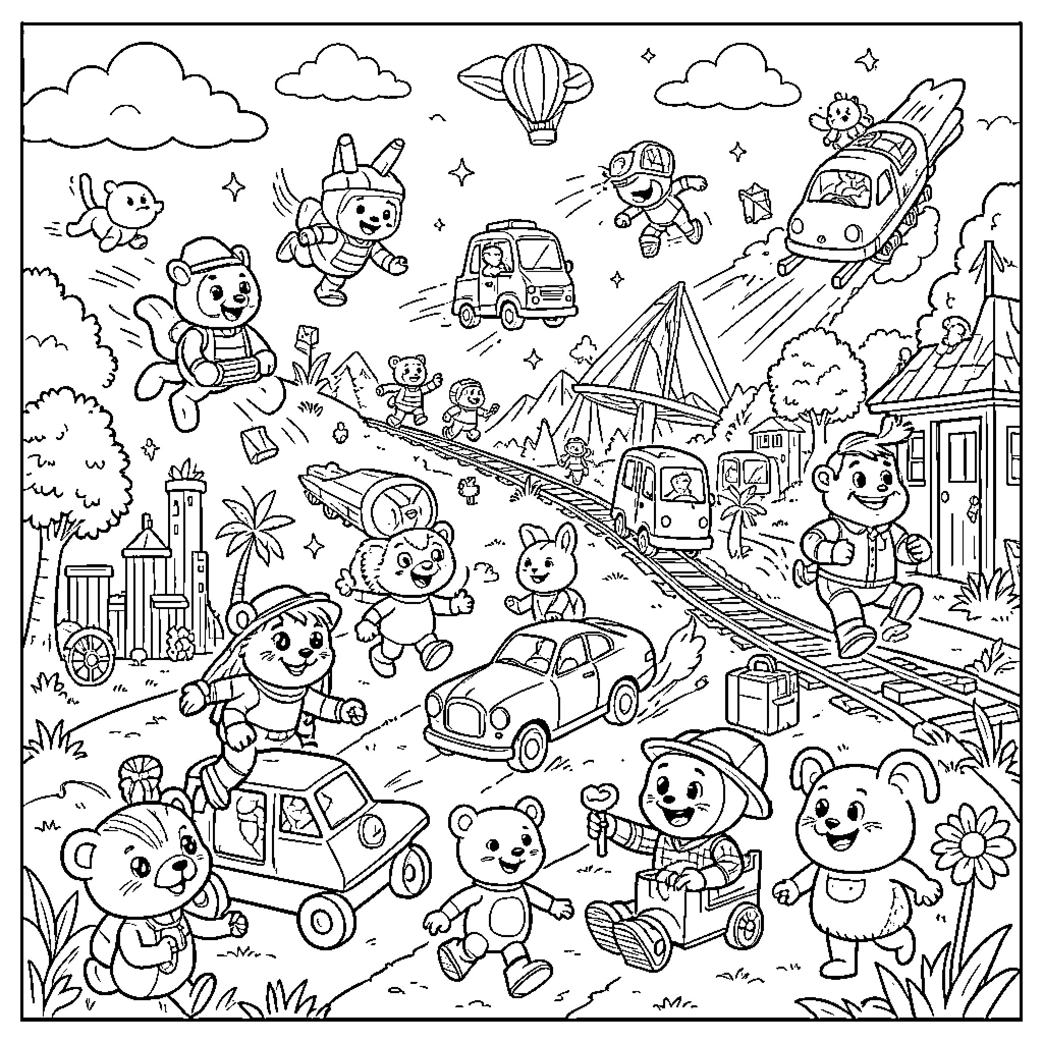Toy animals and characters enjoying a busy day outdoors Coloring Page (free black-and-white line drawing printable PDF for all, from beginners to advanced learners, including children, teens, adults, and seniors)