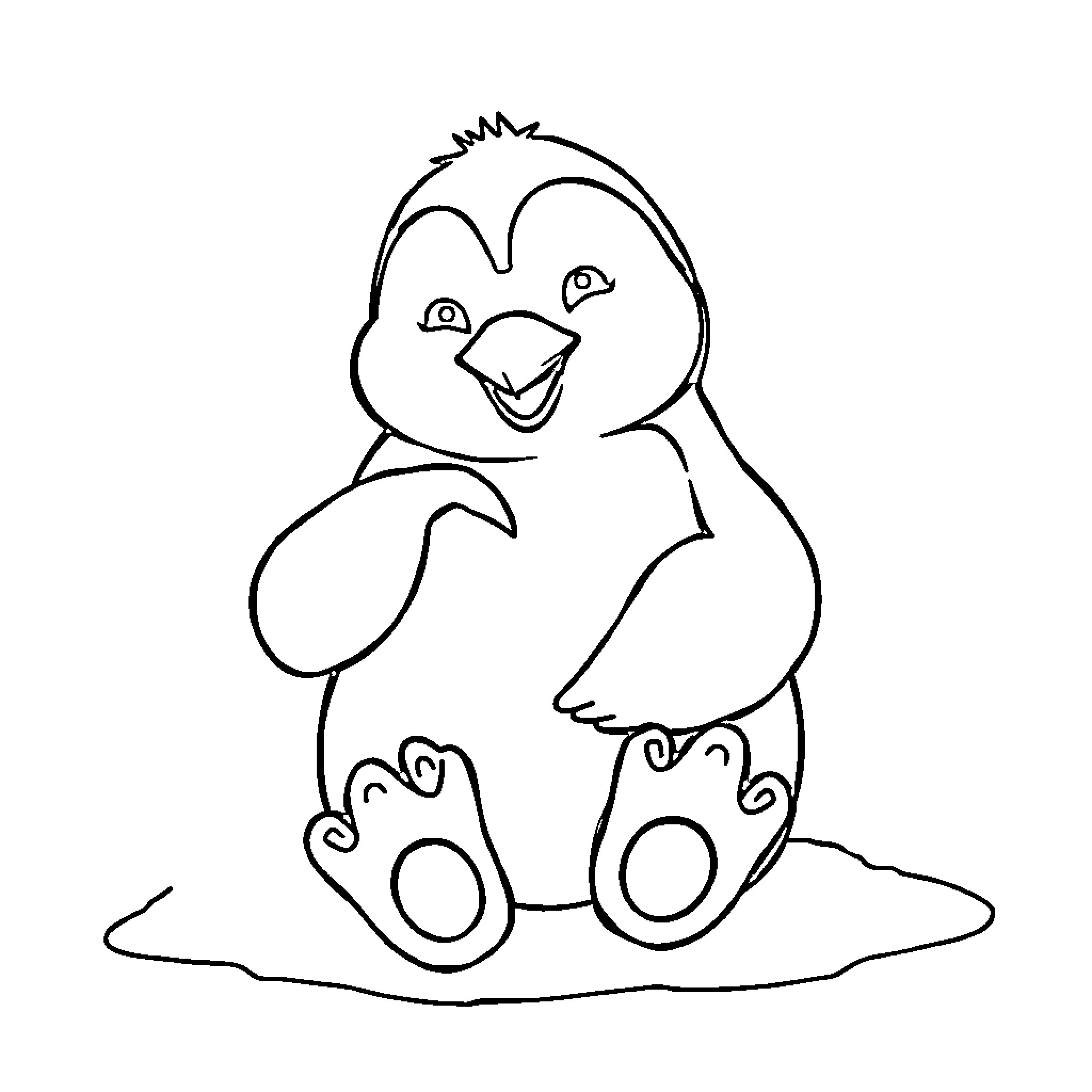 Penguin sitting happily on the snow Coloring Page (free black-and-white line drawing printable PDF for all, from beginners to advanced learners, including children, teens, adults, and seniors)