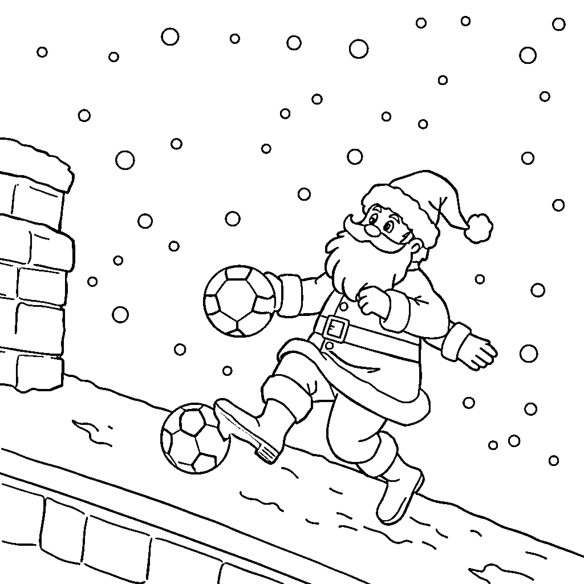 Santa playing soccer in the snow Coloring Page (free black-and-white line drawing printable PDF for all, from beginners to advanced learners, including children, teens, adults, and seniors)