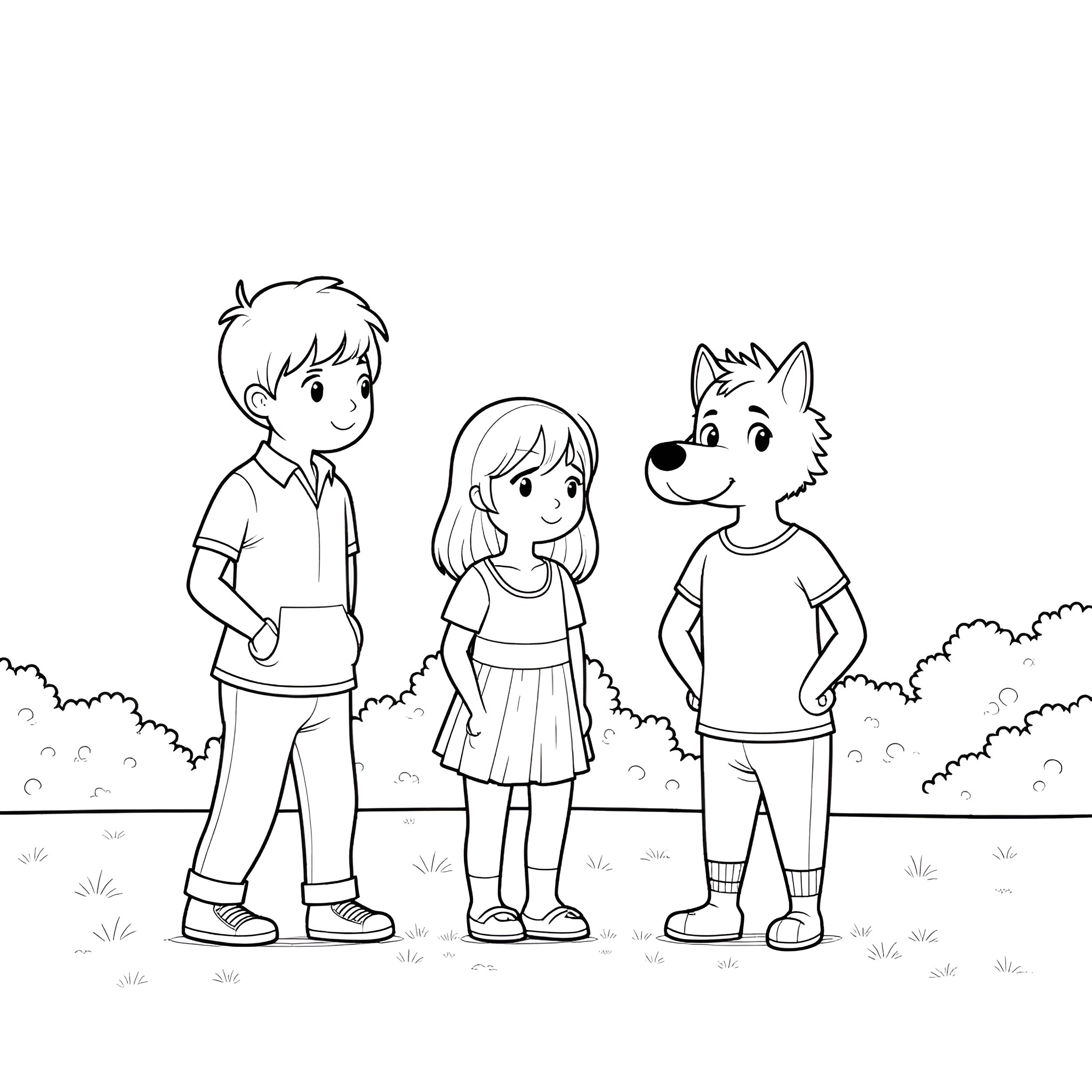 Lance and friends exploring nature Coloring Page (free black-and-white line drawing printable PDF for all, from beginners to advanced learners, including children, teens, adults, and seniors)