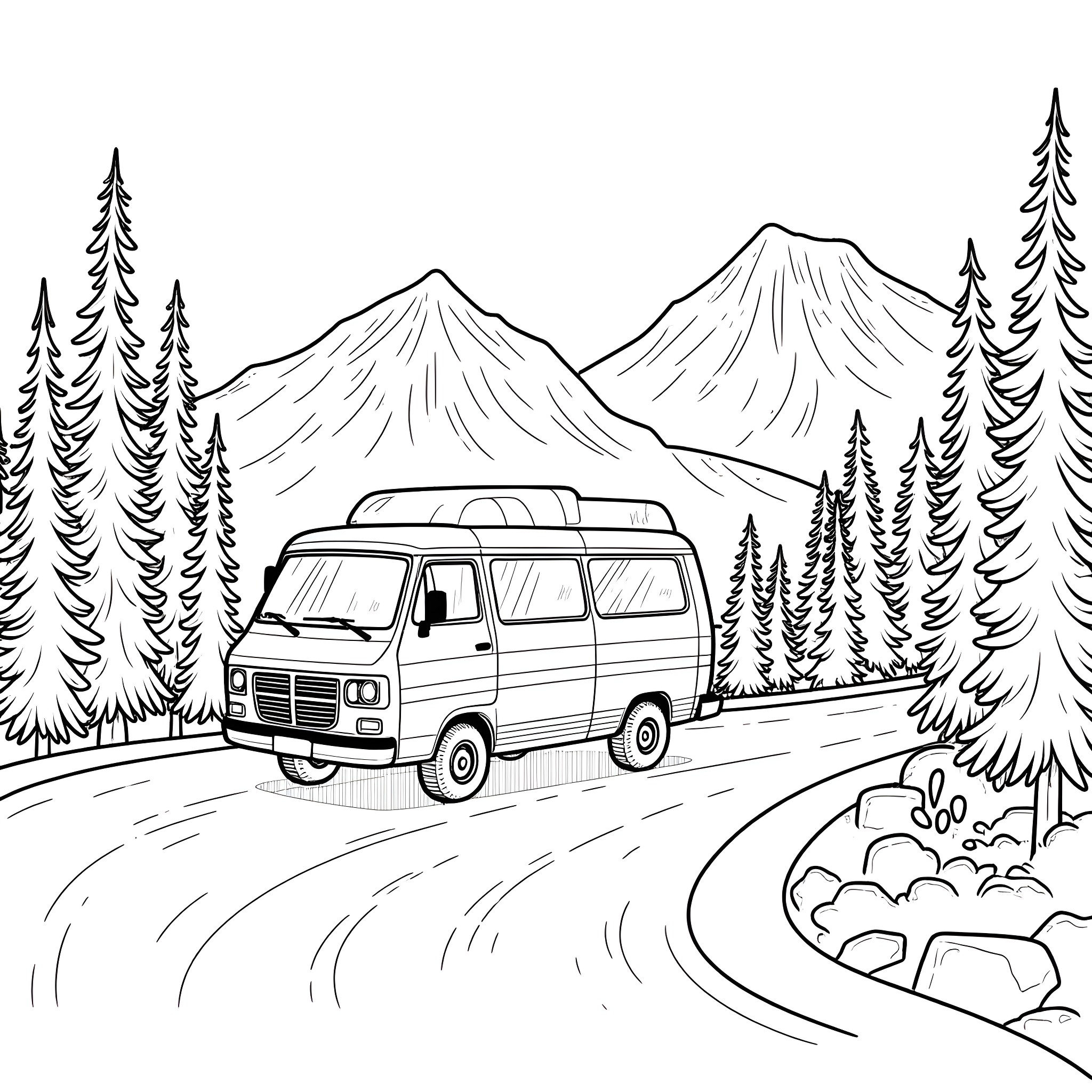 Campervan exploring scenic mountain landscape Coloring Page (free black-and-white line drawing printable PDF for all, from beginners to advanced learners, including children, teens, adults, and seniors)