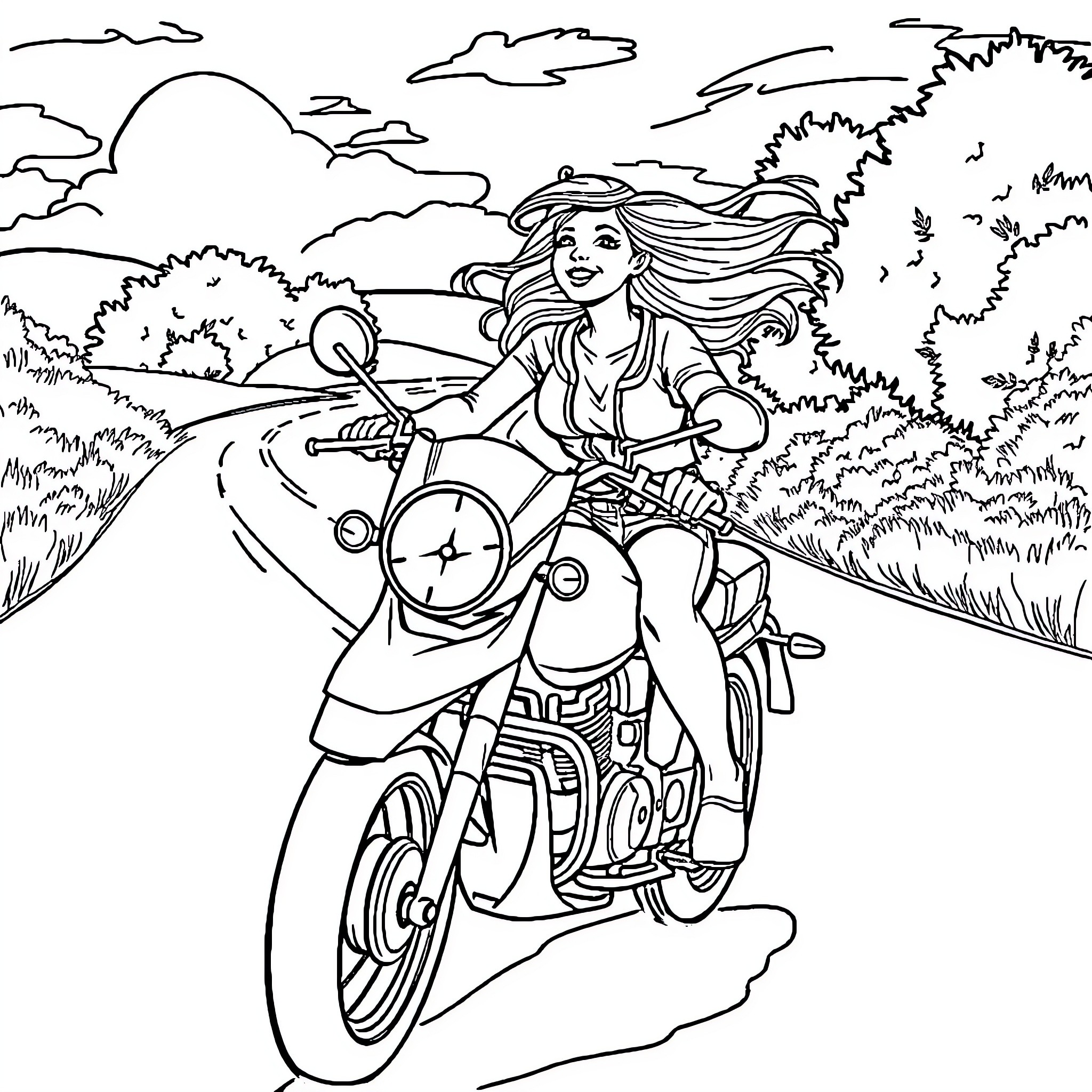 Melody's Countryside Motorcycle Adventure Coloring Page (free black-and-white line drawing printable PDF for all, from beginners to advanced learners, including children, teens, adults, and seniors)
