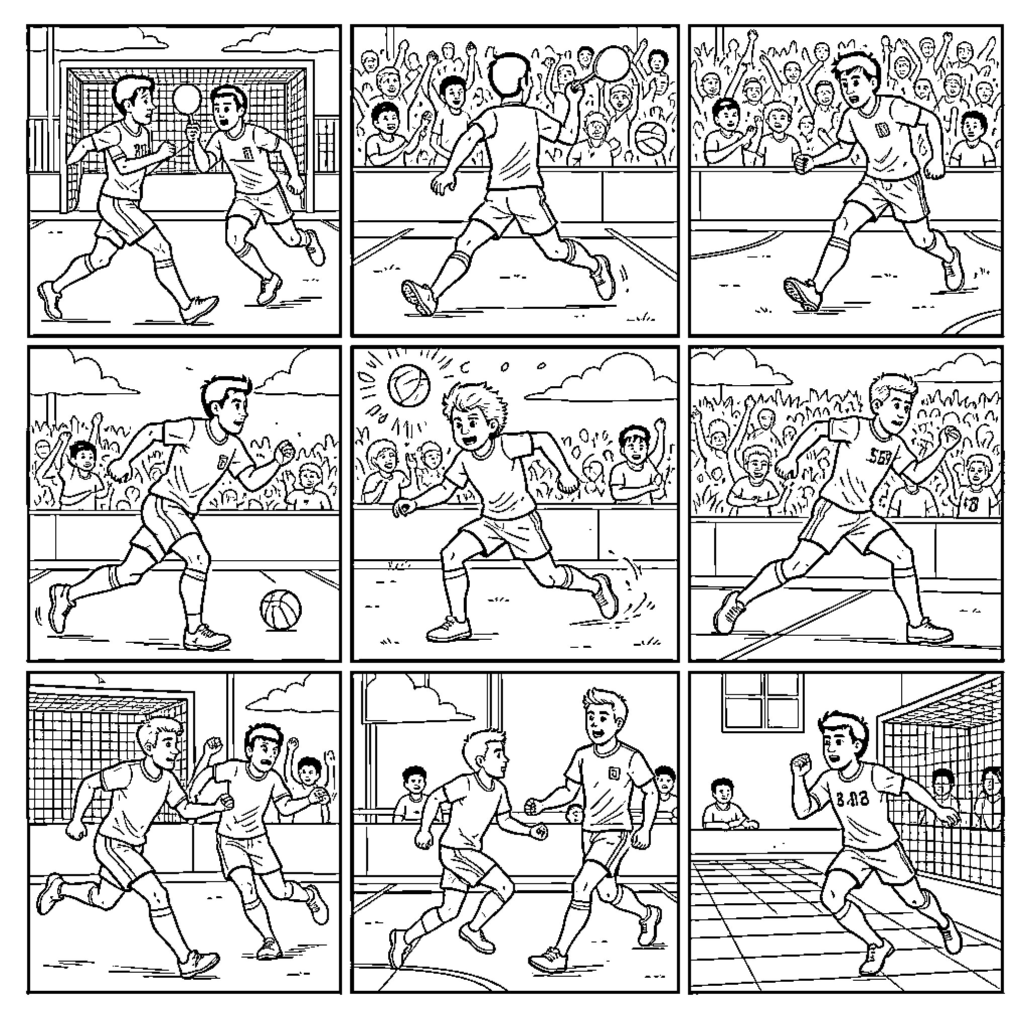 Sport action and competition scenes Coloring Page (free black-and-white line drawing printable PDF for all, from beginners to advanced learners, including children, teens, adults, and seniors)