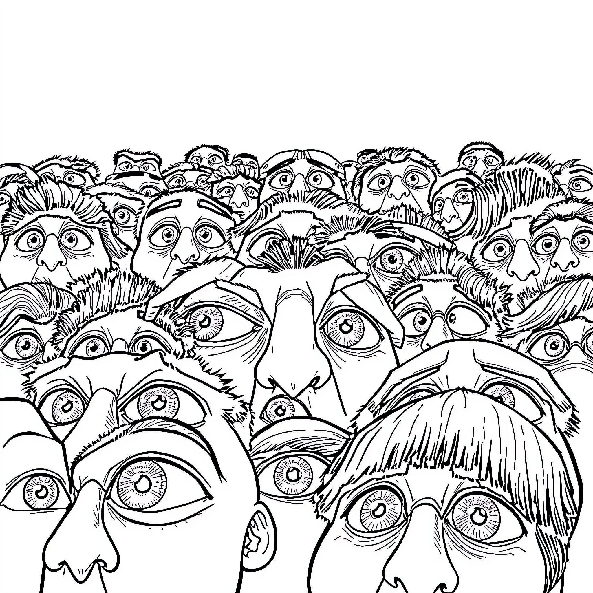 Eye-catching Crowd of Expressive Faces Coloring Page (free black-and-white line drawing printable PDF for all, from beginners to advanced learners, including children, teens, adults, and seniors)