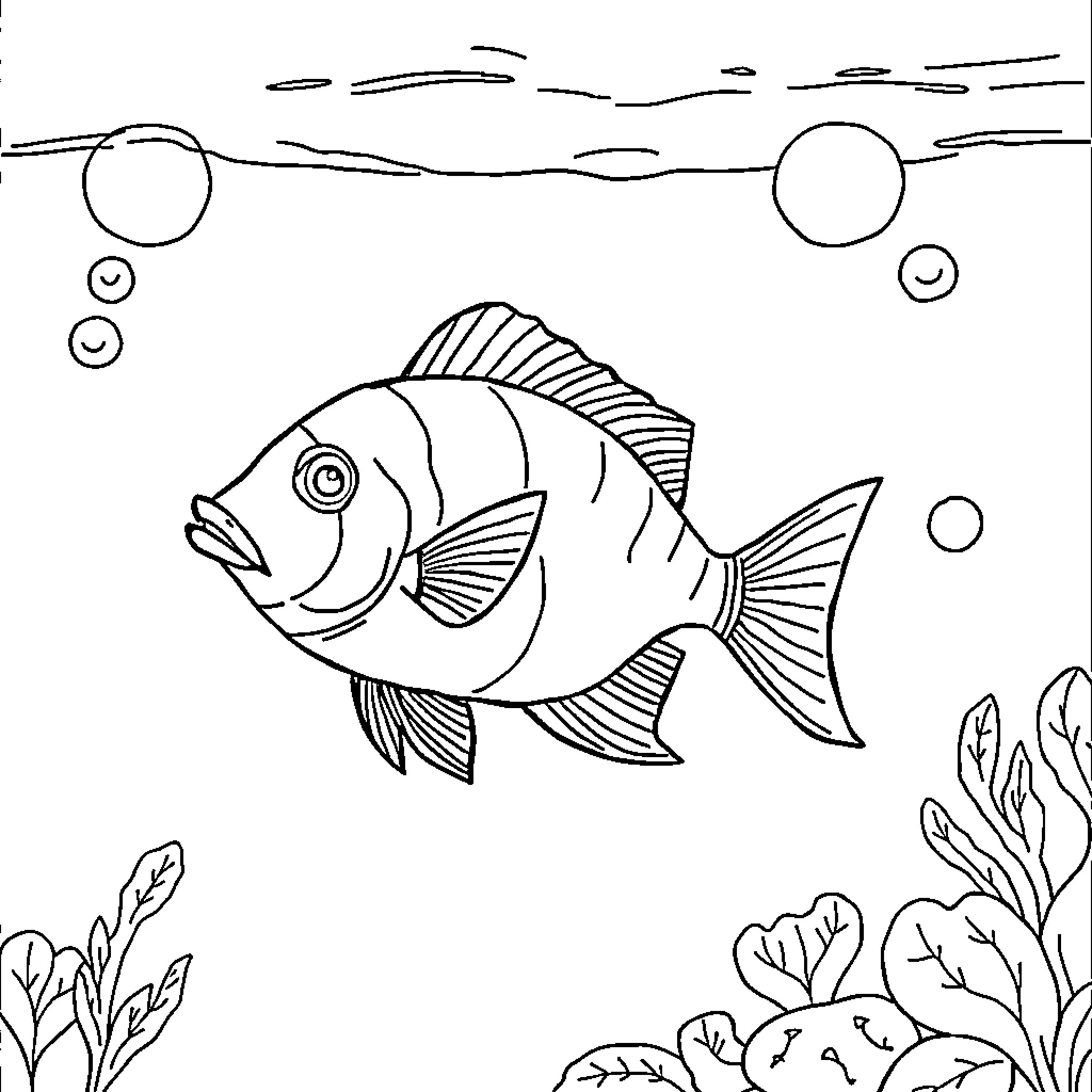 Fish swimming in underwater seascape Coloring Page (free black-and-white line drawing printable PDF for all, from beginners to advanced learners, including children, teens, adults, and seniors)