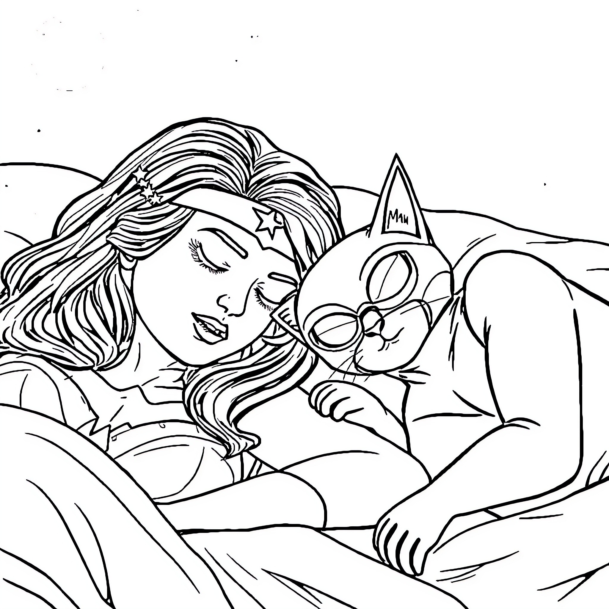 Wonder Woman resting peacefully with her feline companion Coloring Page (free black-and-white line drawing printable PDF for all, from beginners to advanced learners, including children, teens, adults, and seniors)